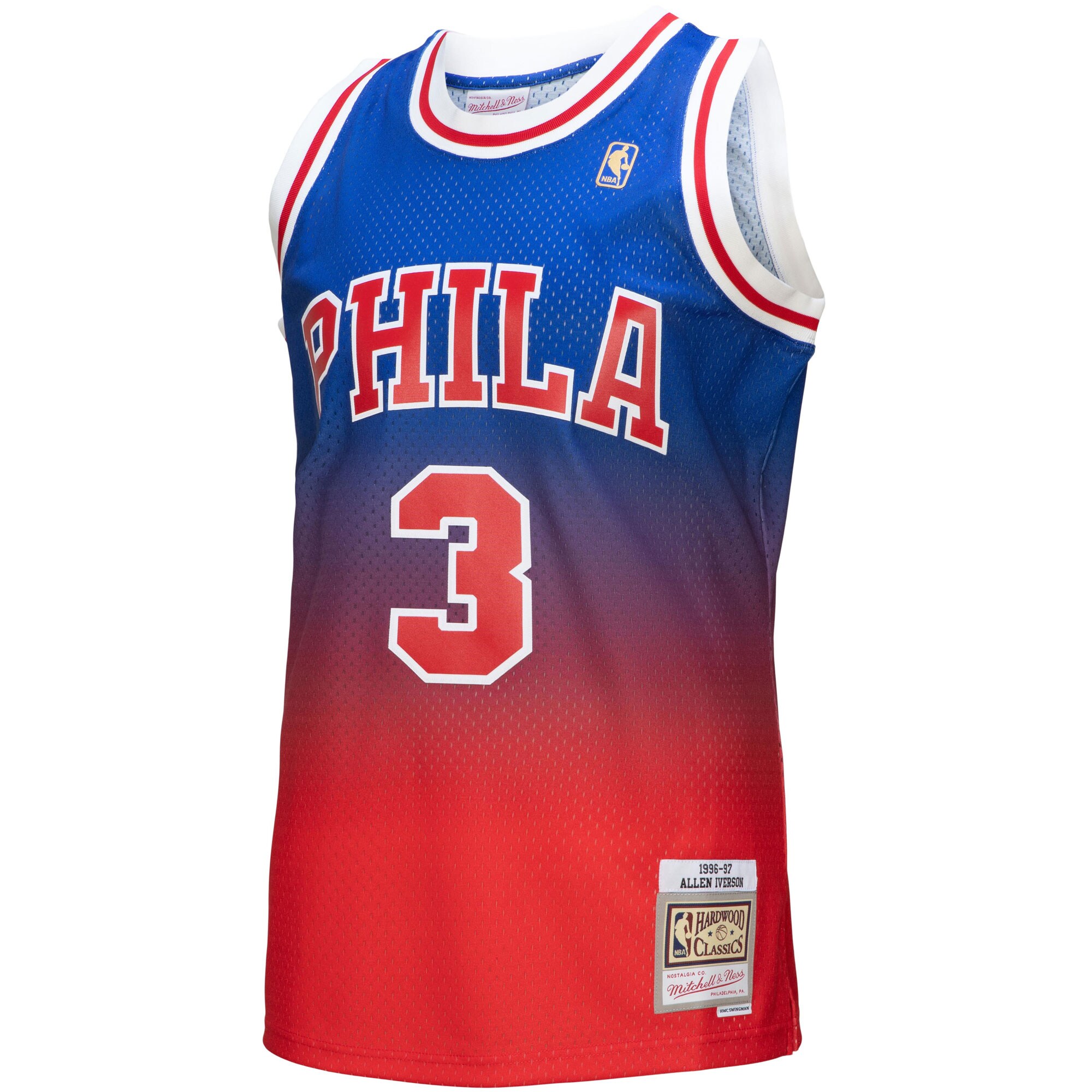 Allen Iverson Philadelphia 76ers Mitchell & Ness 1996\/97 Hardwood Classics Fadeaway Swingman Player Jersey - Red\/Royal