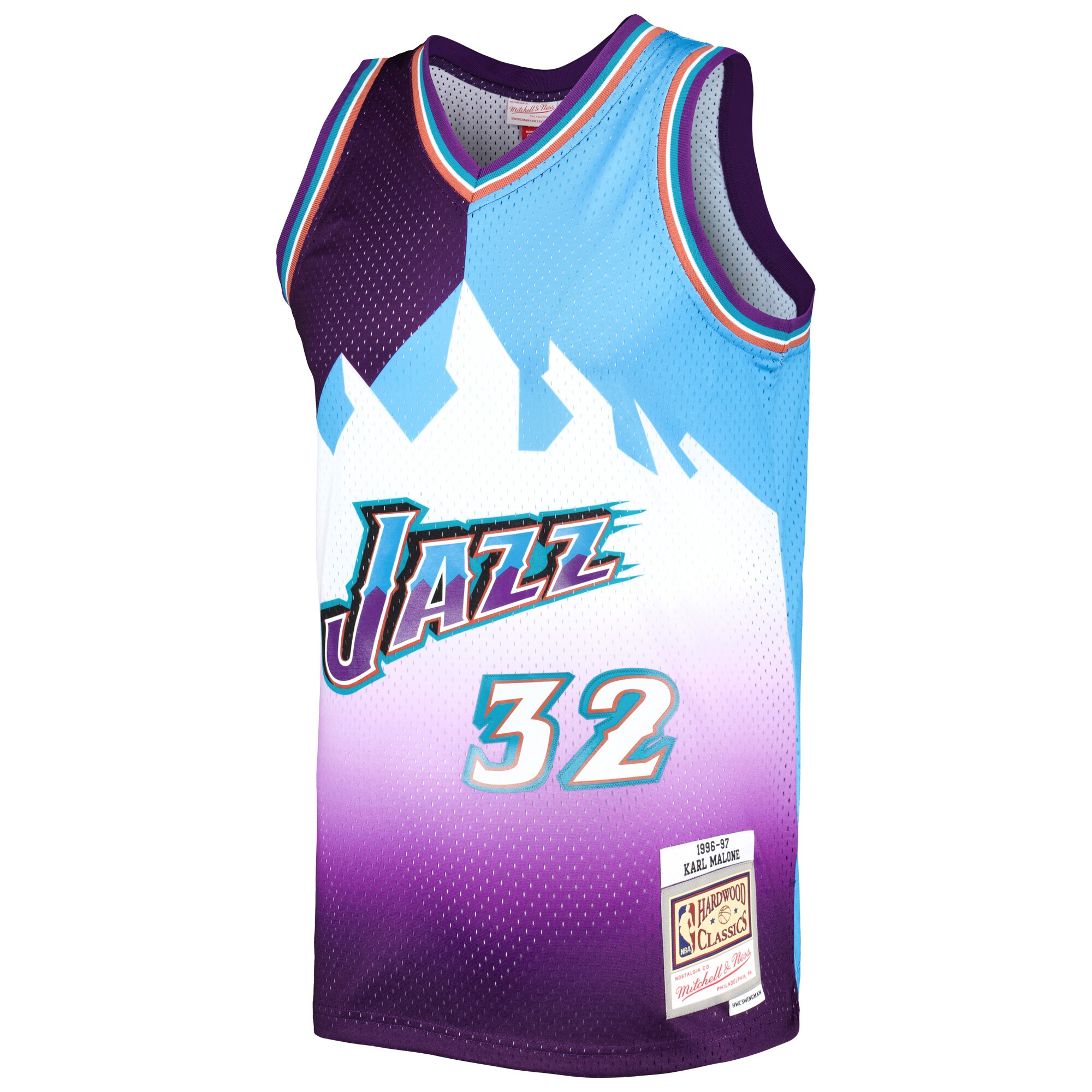Karl Malone Utah Jazz Mitchell & Ness Hardwood Classics 1996\/97 Split Swingman Jersey - Purple\/Turquoise