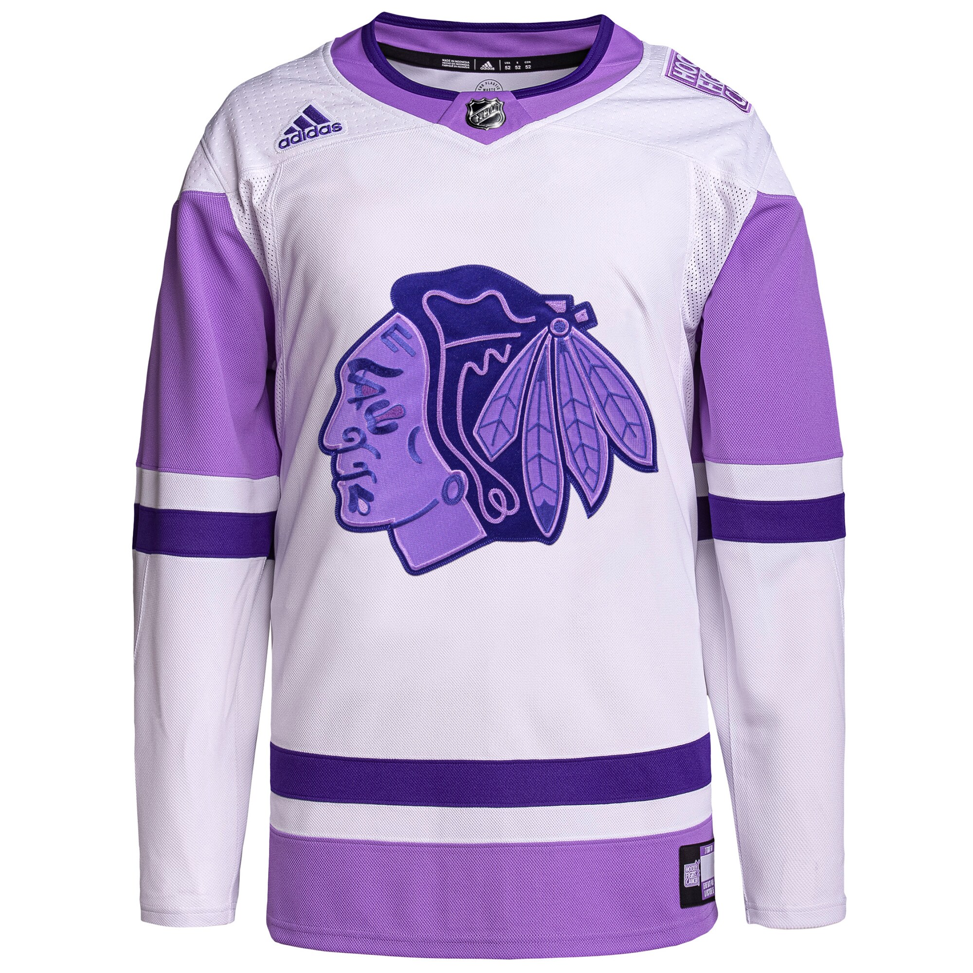 Chicago Blackhawks adidas Hockey Fights Cancer Primegreen Authentic Blank Practice Jersey - White\/Purple