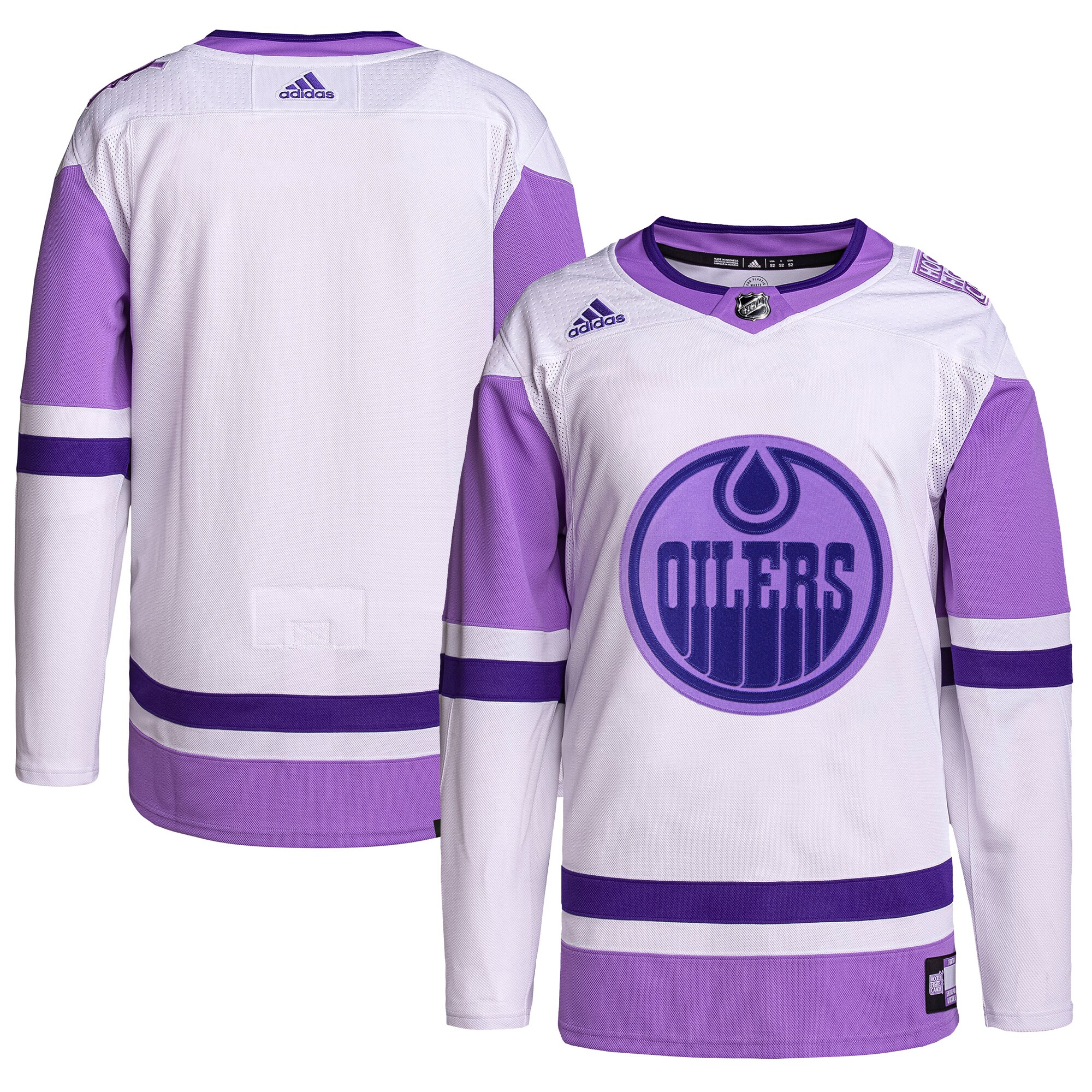 Edmonton Oilers adidas Hockey Fights Cancer Primegreen Authentic Blank Practice Jersey - White\/Purple