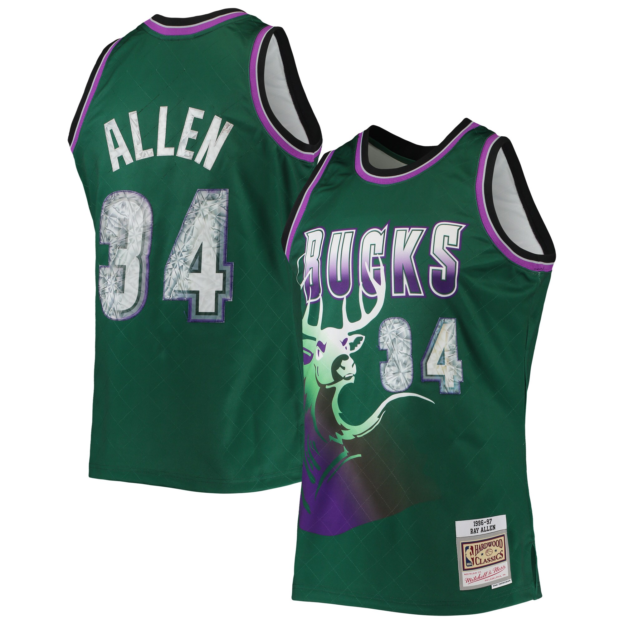 Ray Allen Milwaukee Bucks Mitchell & Ness 1996\/97 Hardwood Classics NBA 75th Anniversary Diamond Swingman Jersey - Green