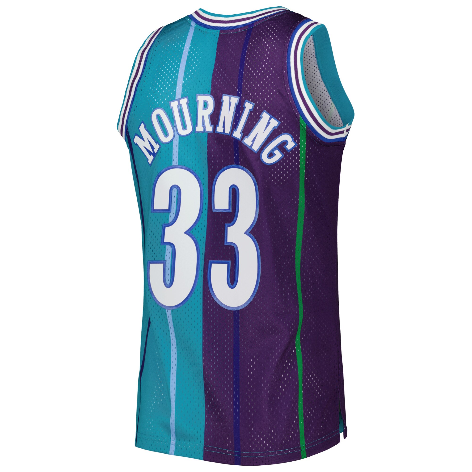 Alonzo Mourning Charlotte Hornets Mitchell & Ness Hardwood Classics 1992\/93 Split Swingman Jersey - Teal\/Purple