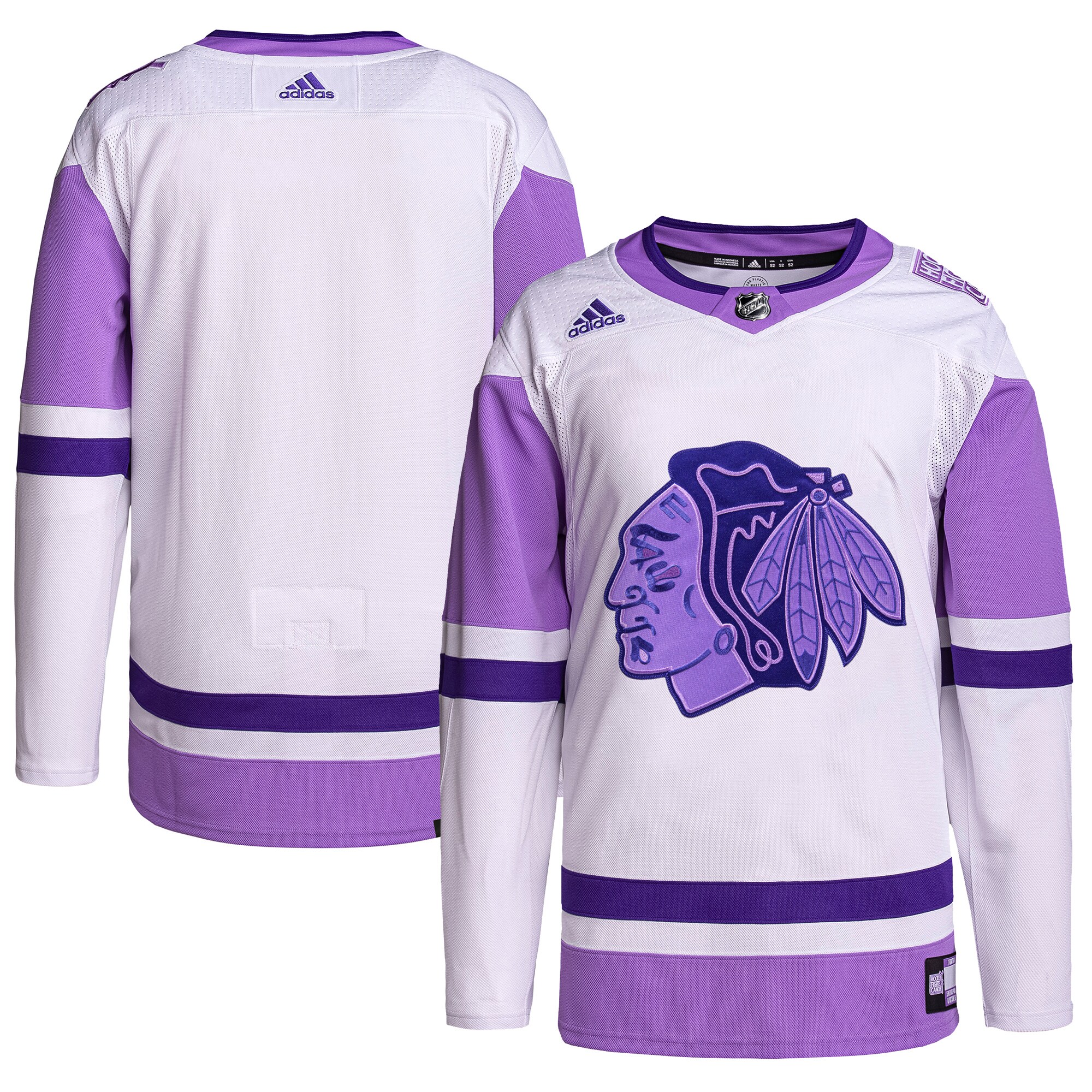 Chicago Blackhawks adidas Hockey Fights Cancer Primegreen Authentic Blank Practice Jersey - White\/Purple