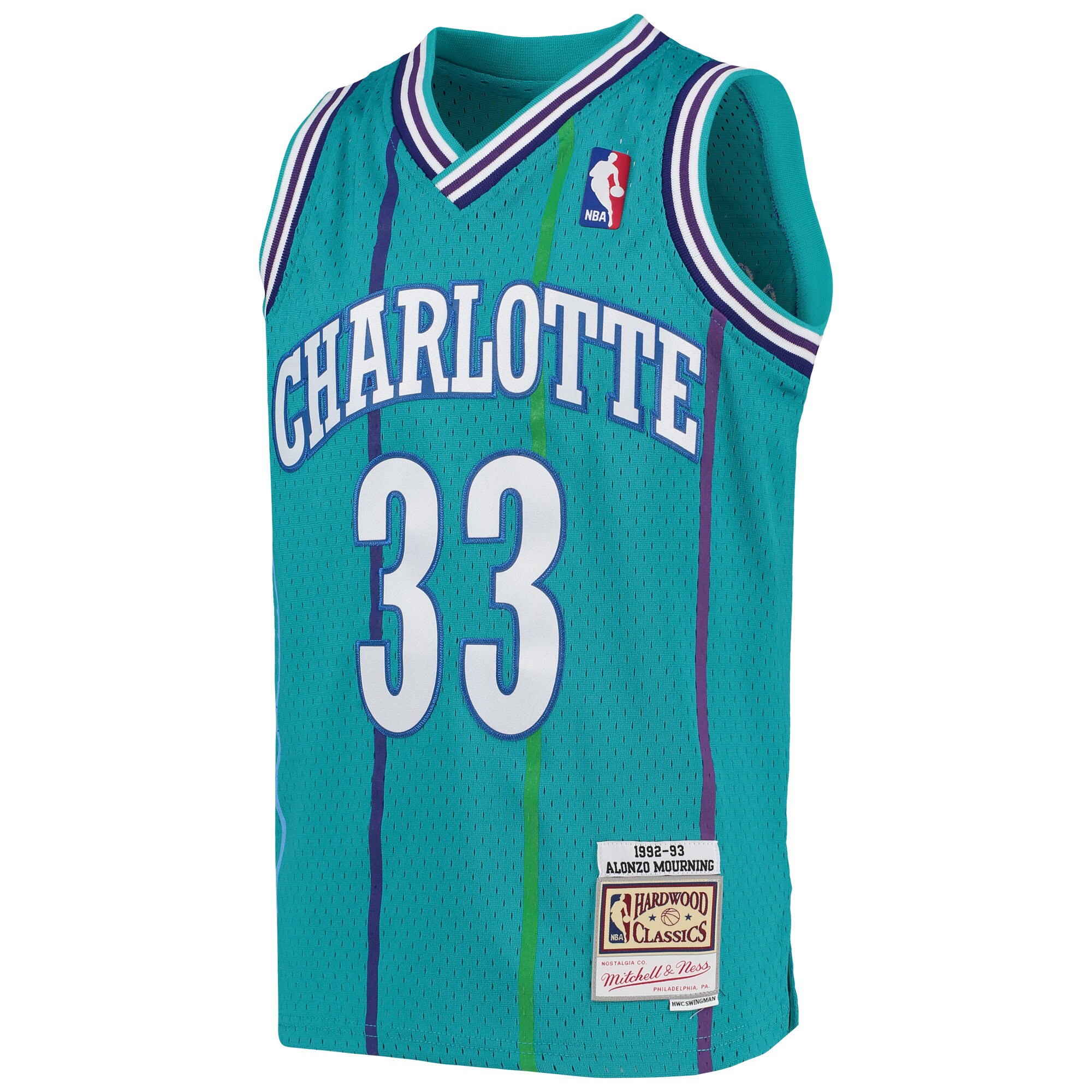 Alonzo Mourning Charlotte Hornets Mitchell & Ness Youth 1992\/93 Hardwood Classics Swingman Jersey - Teal