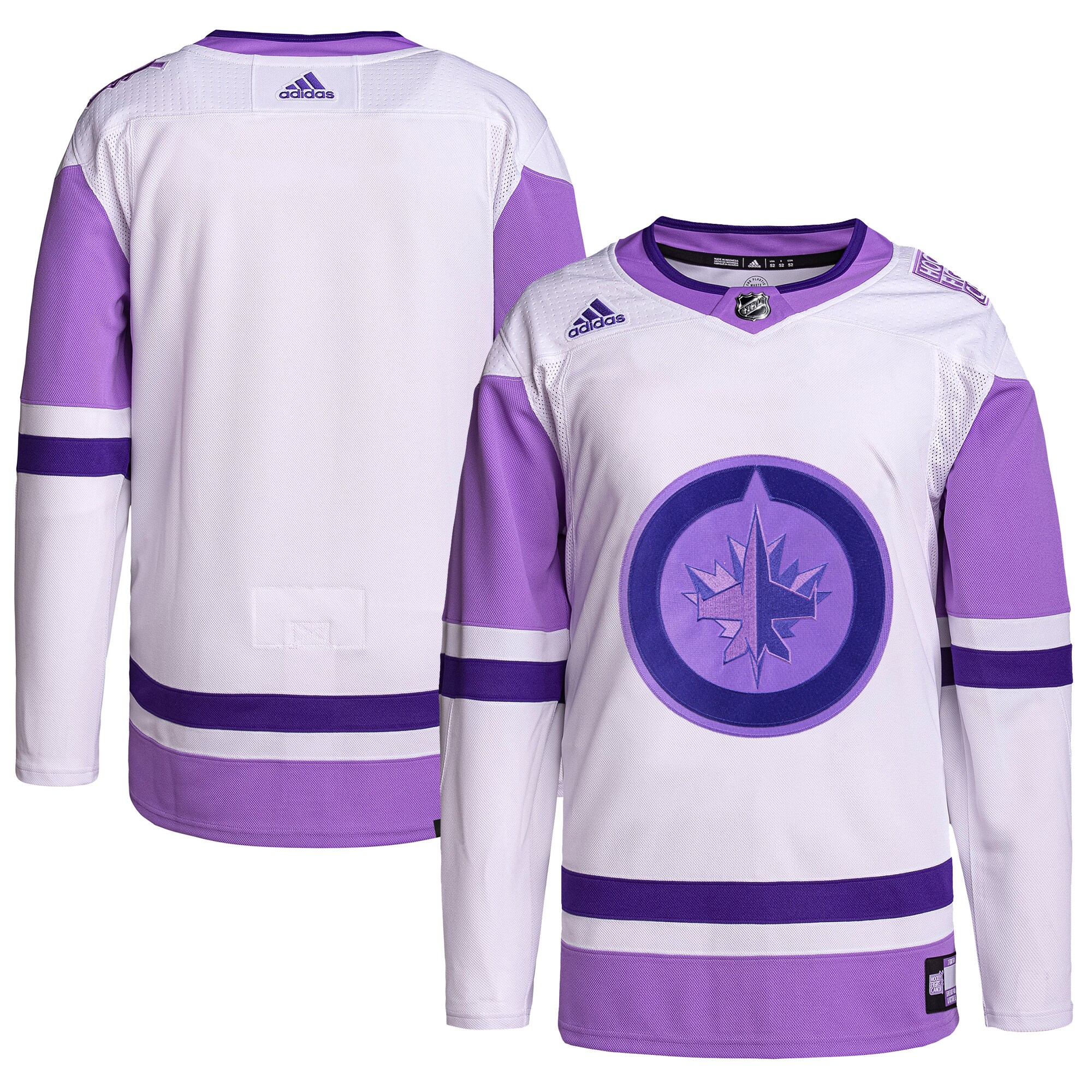 Winnipeg Jets adidas Hockey Fights Cancer Primegreen Authentic Blank Practice Jersey - White\/Purple