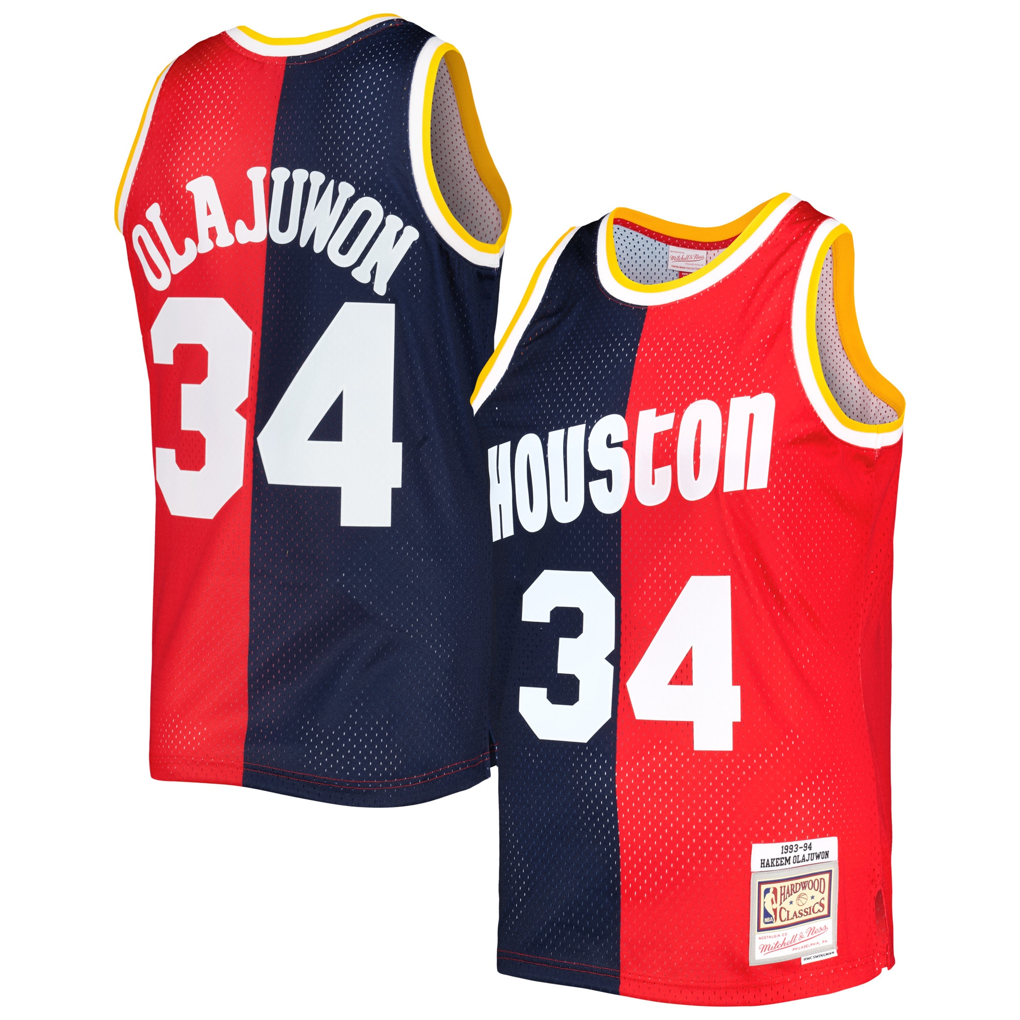 Hakeem Olajuwon Houston Rockets Mitchell & Ness Hardwood Classics 1993\/94 Split Swingman Jersey - Navy\/Red