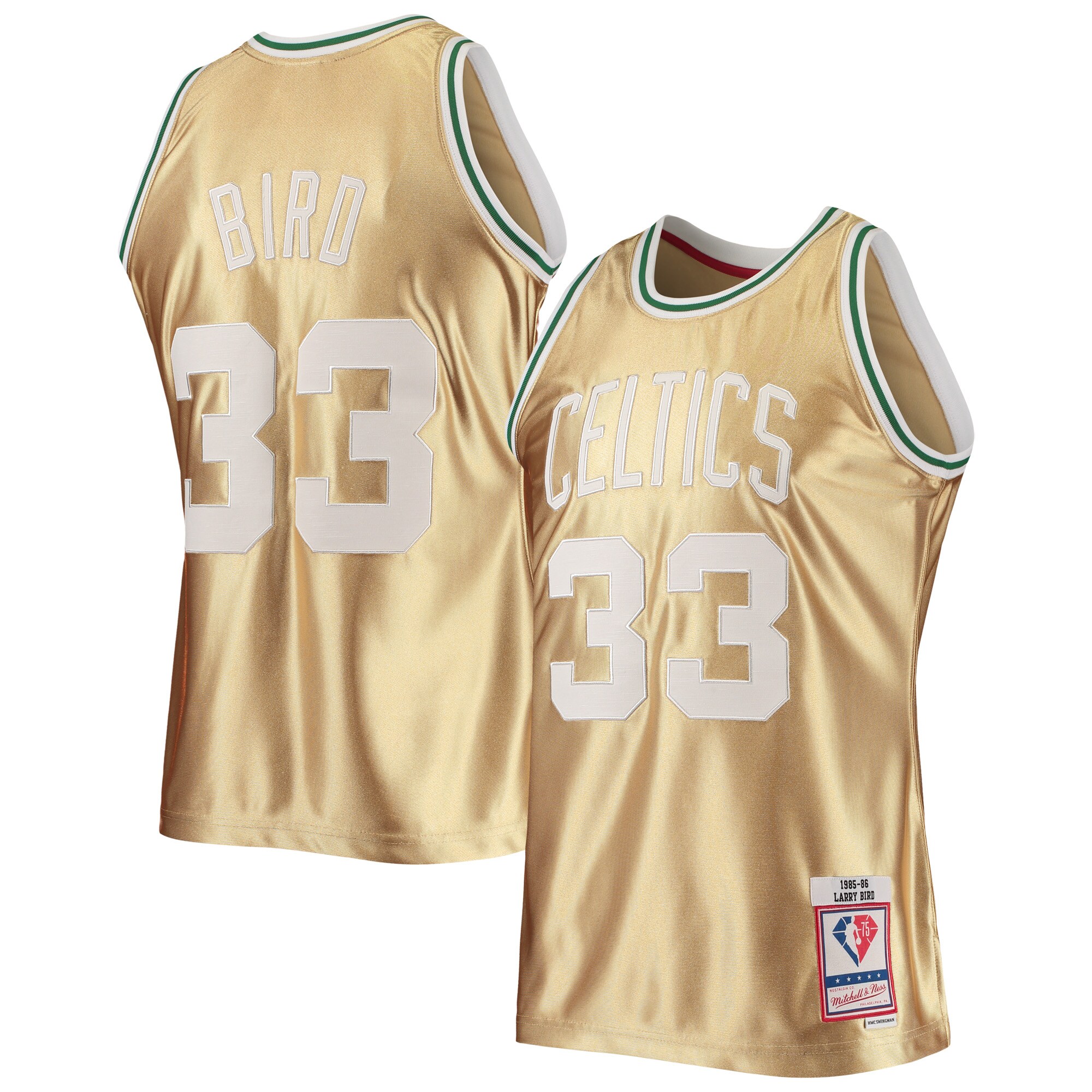 Larry Bird Boston Celtics Mitchell & Ness 75th Anniversary 1985\/86 Hardwood Classics Swingman Jersey - Gold