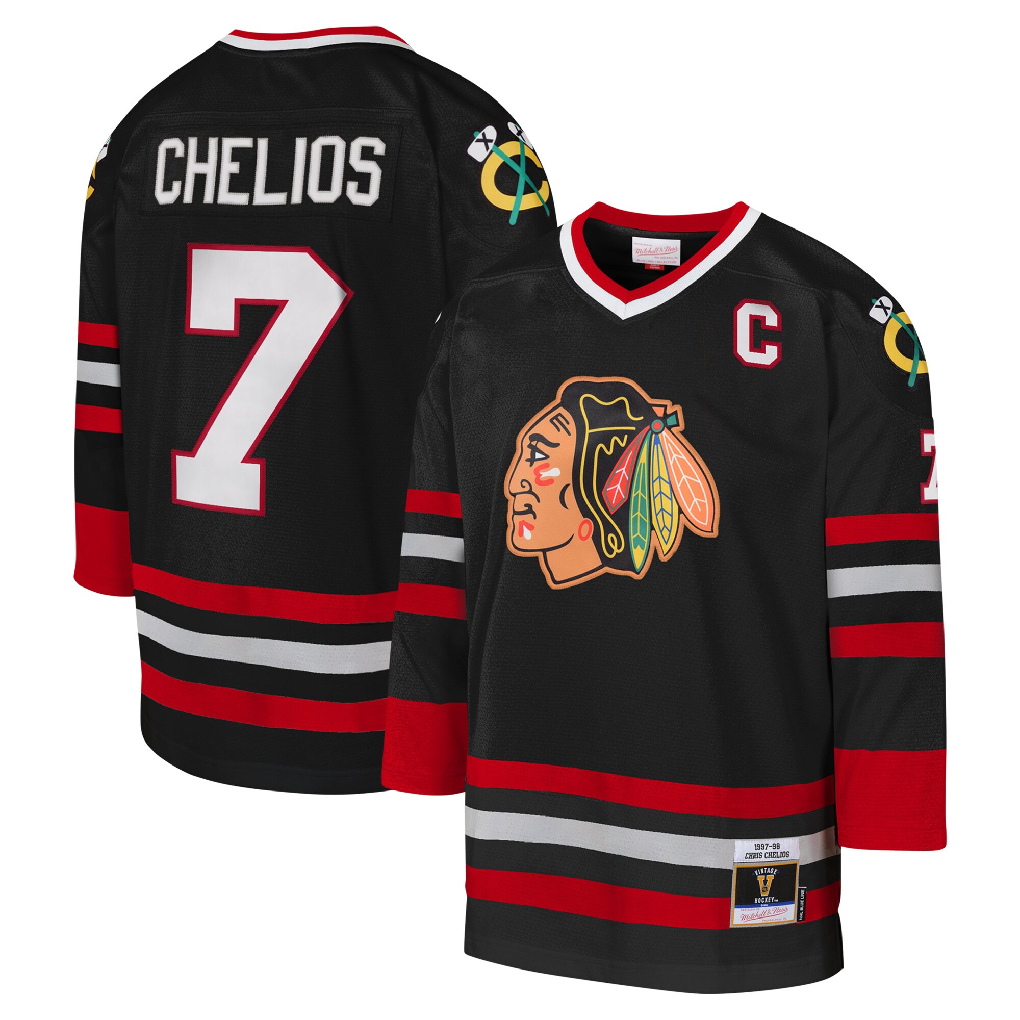 Chris Chelios Chicago Blackhawks Mitchell & Ness Youth 1997-98 Blue Line Captain Patch Player Jersey - Black