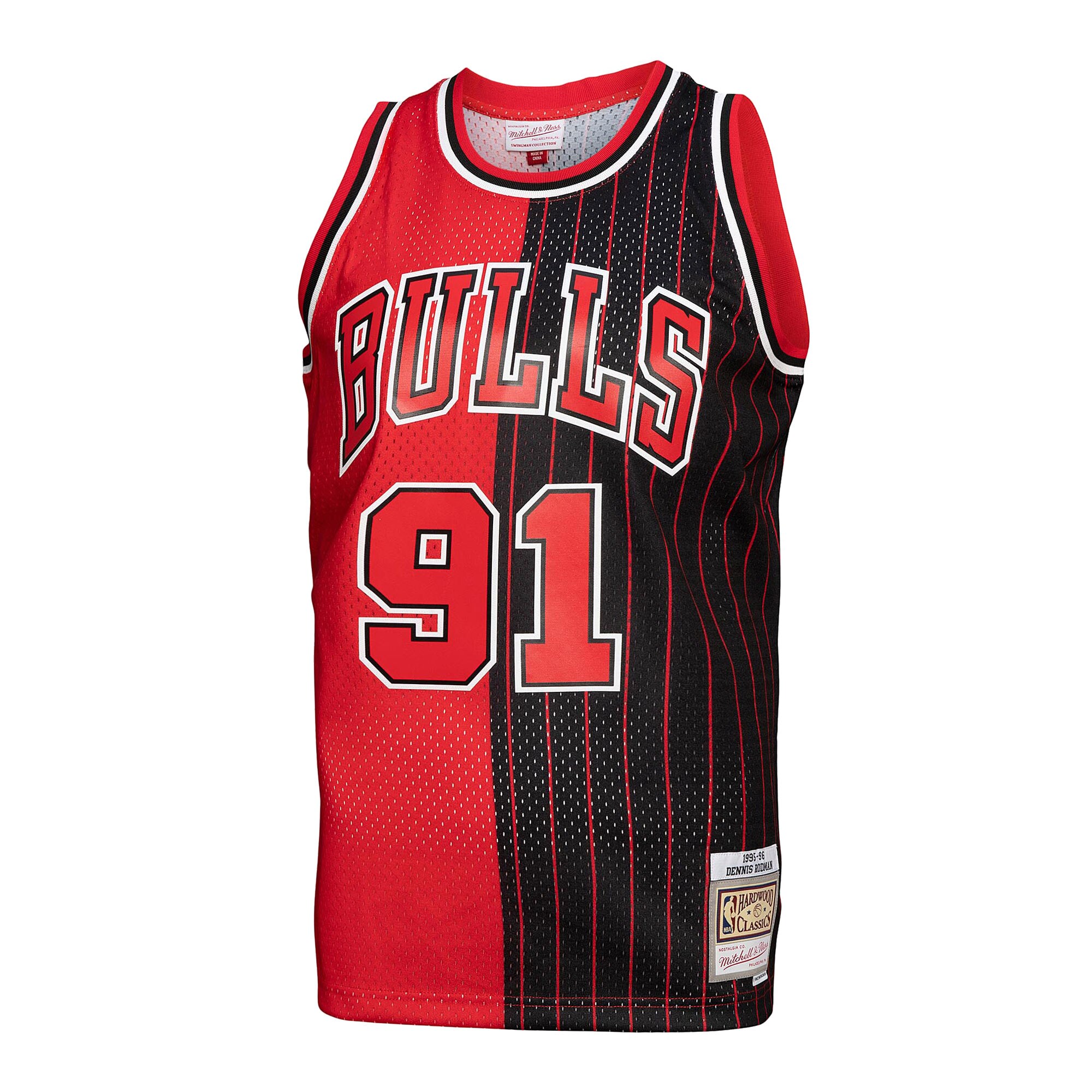 Dennis Rodman Chicago Bulls Mitchell & Ness Hardwood Classics 1995\/96 Split Swingman Jersey - Red\/Black