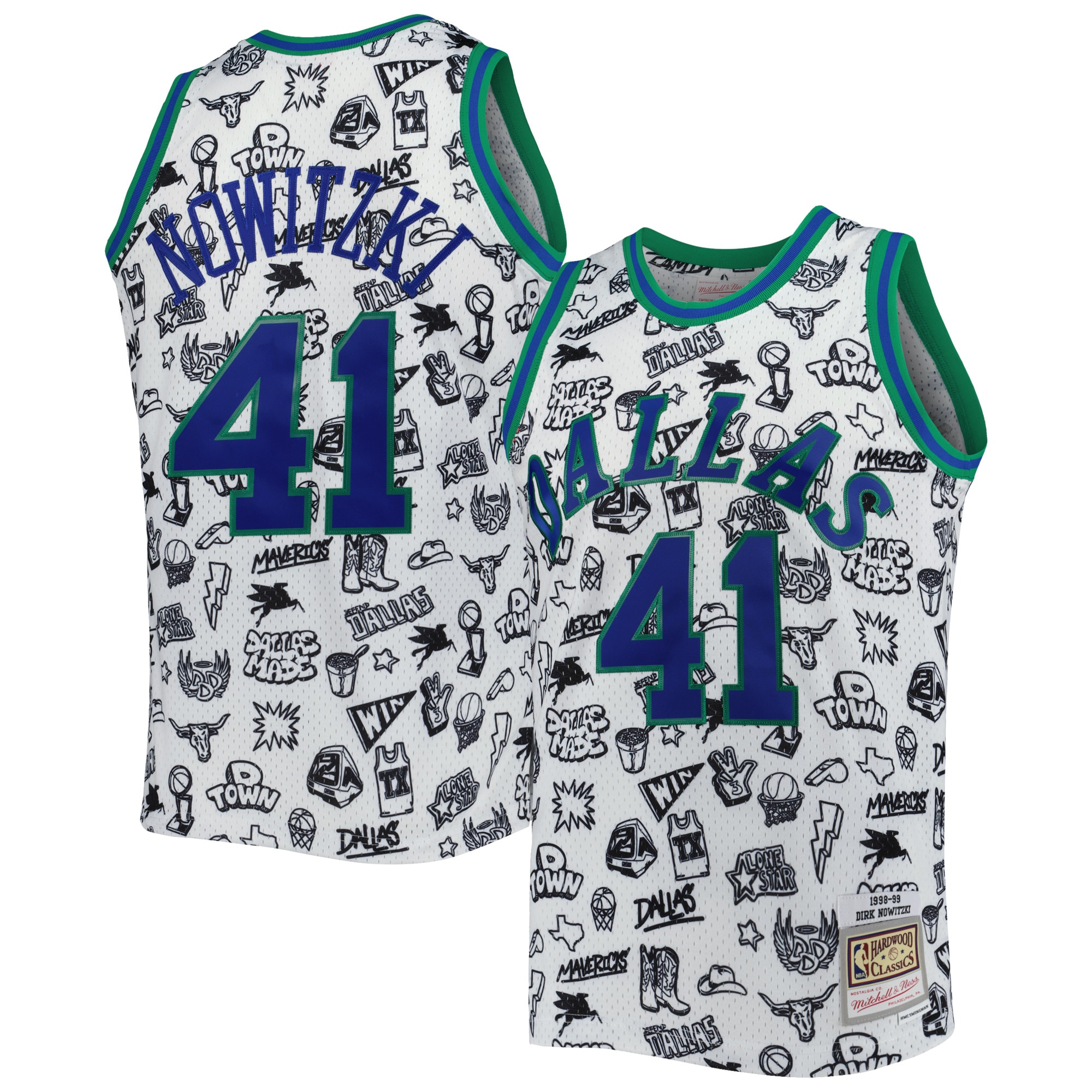 Dirk Nowitzki Dallas Mavericks Mitchell & Ness 1998\/99 Hardwood Classics Doodle Swingman Jersey - White