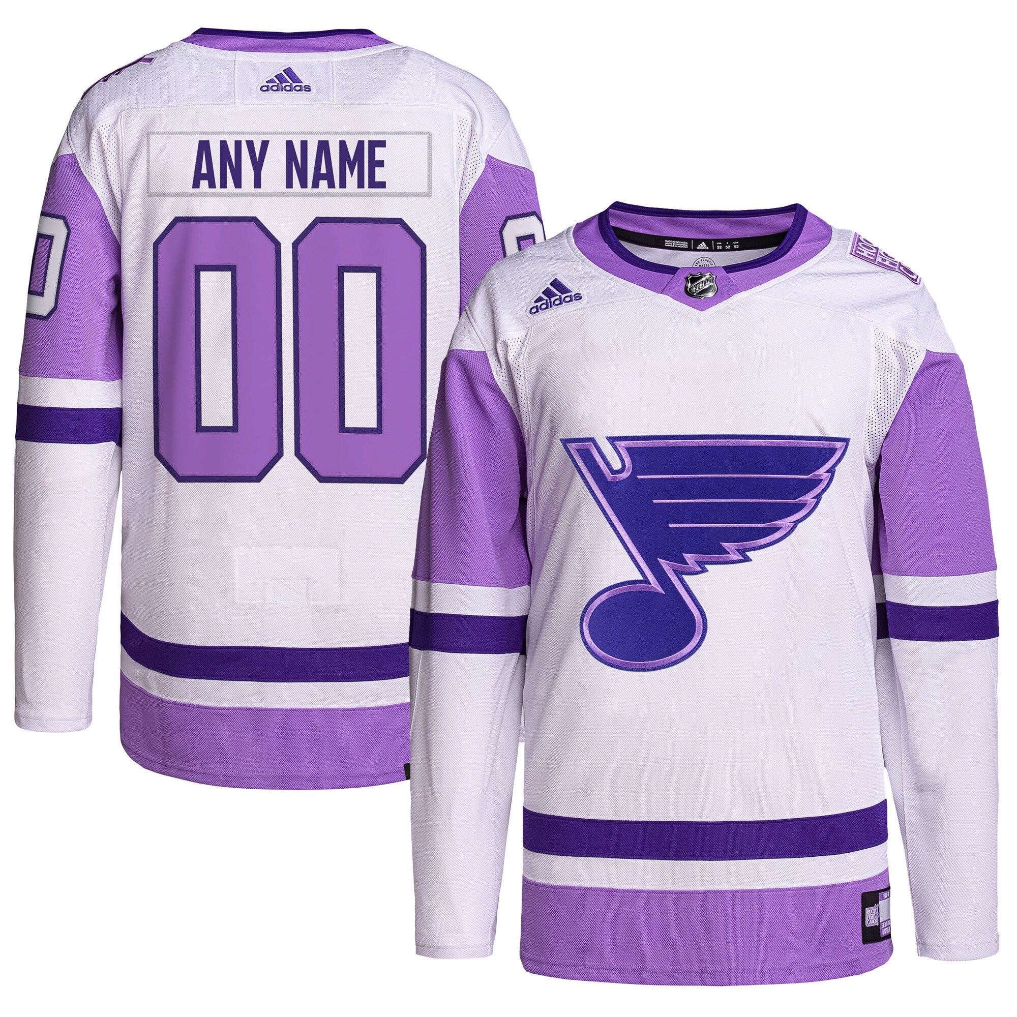 St. Louis Blues adidas Hockey Fights Cancer Primegreen Authentic Custom Jersey - White\/Purple