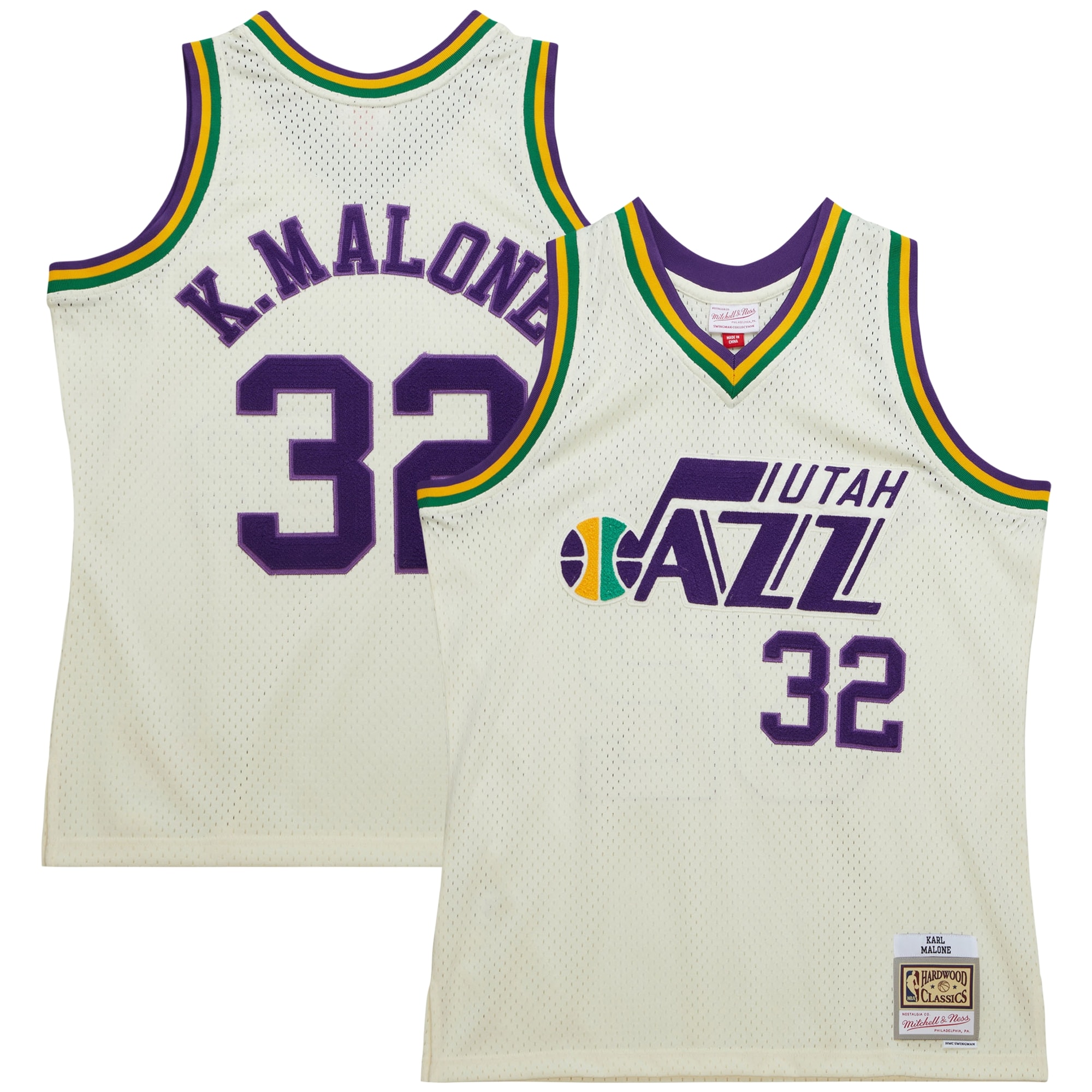 Karl Malone Utah Jazz Mitchell & Ness Chainstitch Swingman Jersey - Cream
