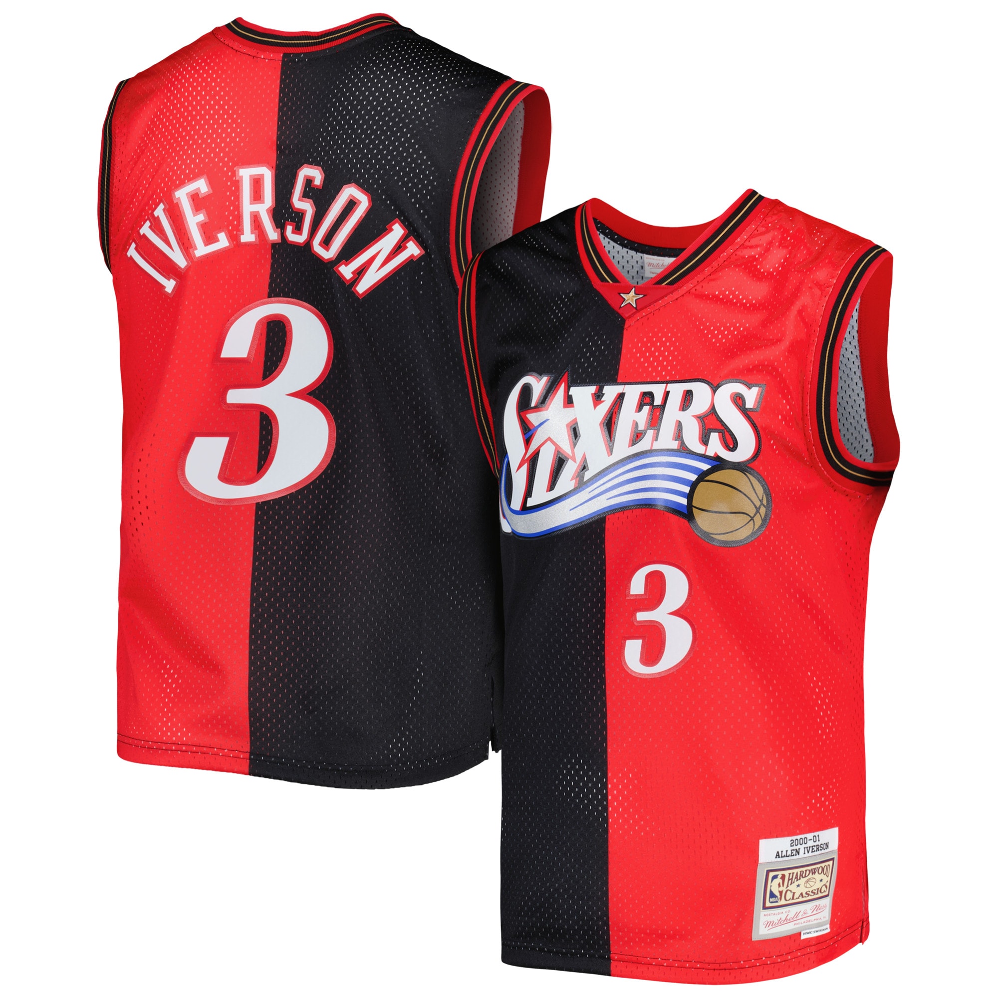 Allen Iverson Philadelphia 76ers Mitchell & Ness Hardwood Classics 2000\/01 Split Swingman Jersey - Black\/Red