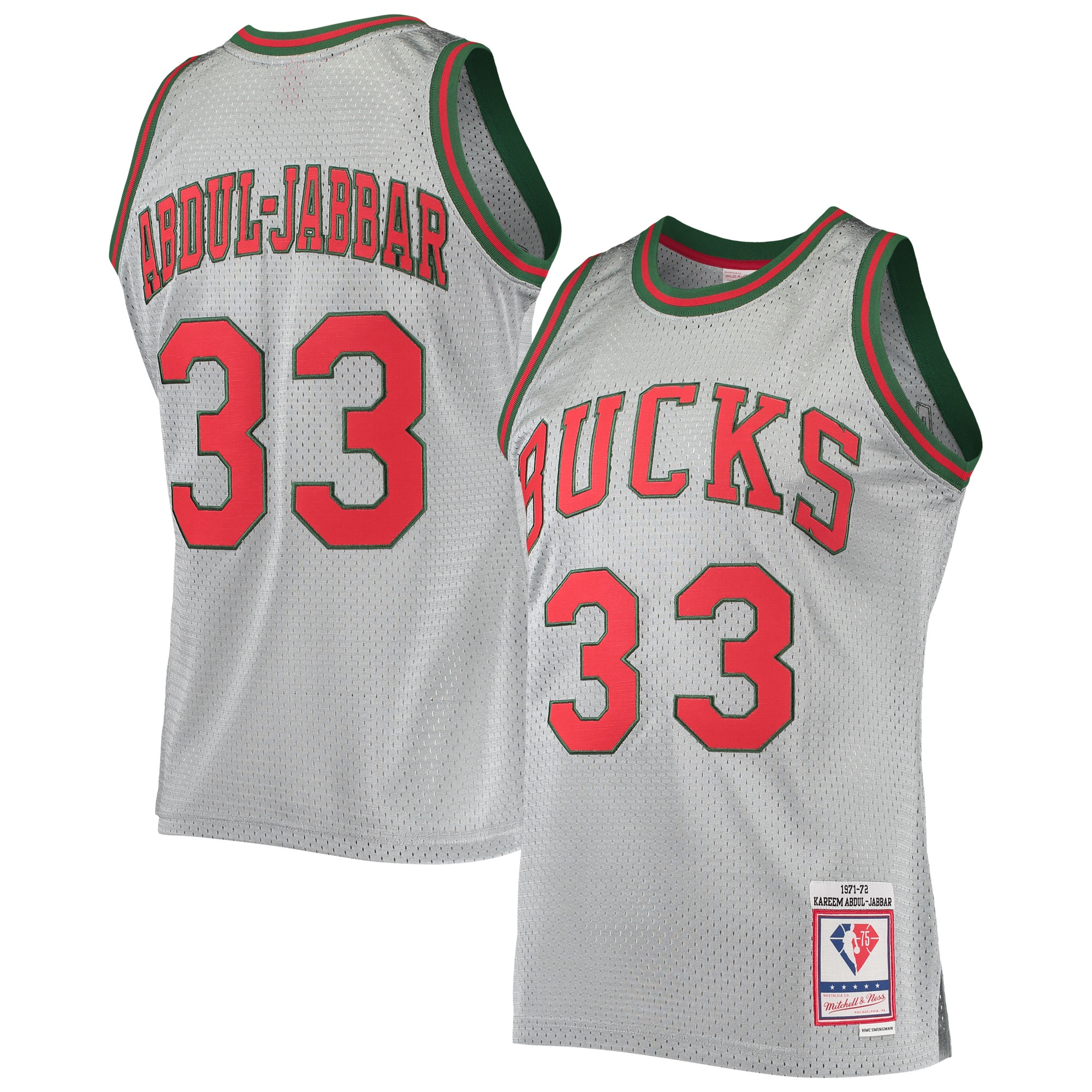 Kareem Abdul-Jabbar Milwaukee Bucks Mitchell & Ness 75th Anniversary 1971\/72 Hardwood Classics Swingman Jersey - Silver