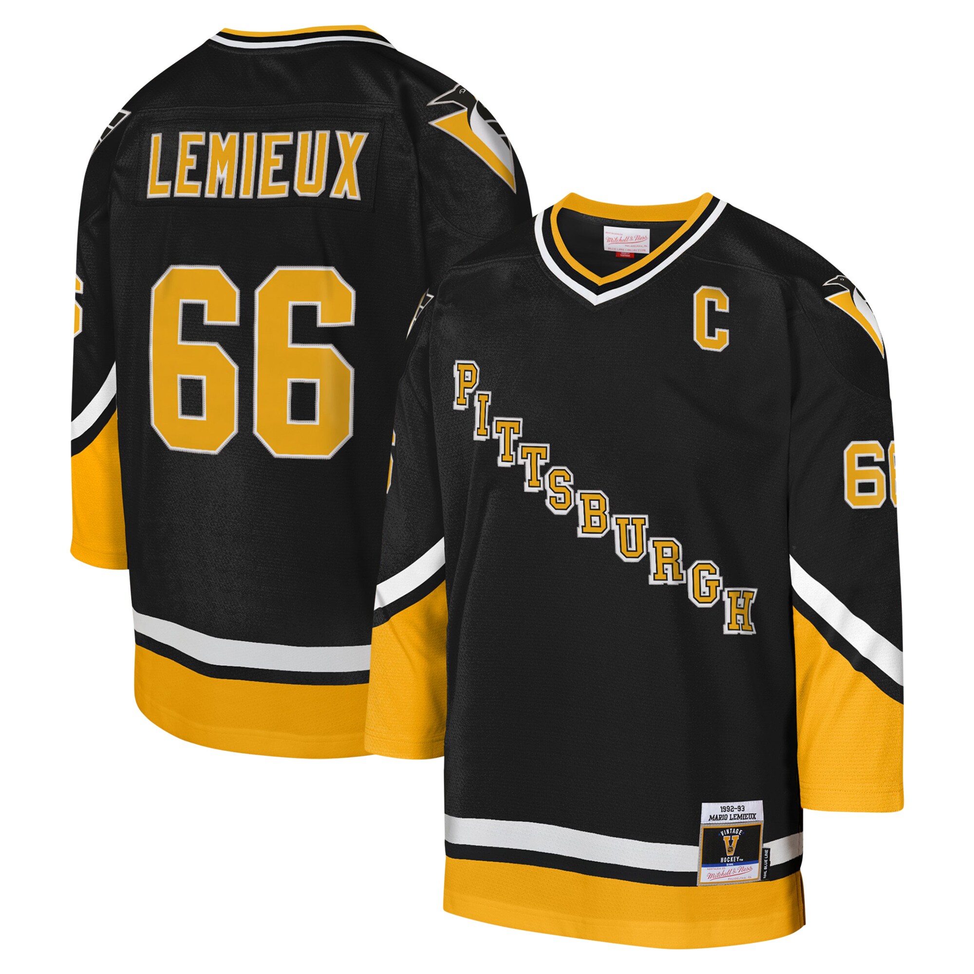 Mario Lemieux Pittsburgh Penguins Mitchell & Ness Youth 1992-93 Blue Line Captain Patch Player Jersey - Black