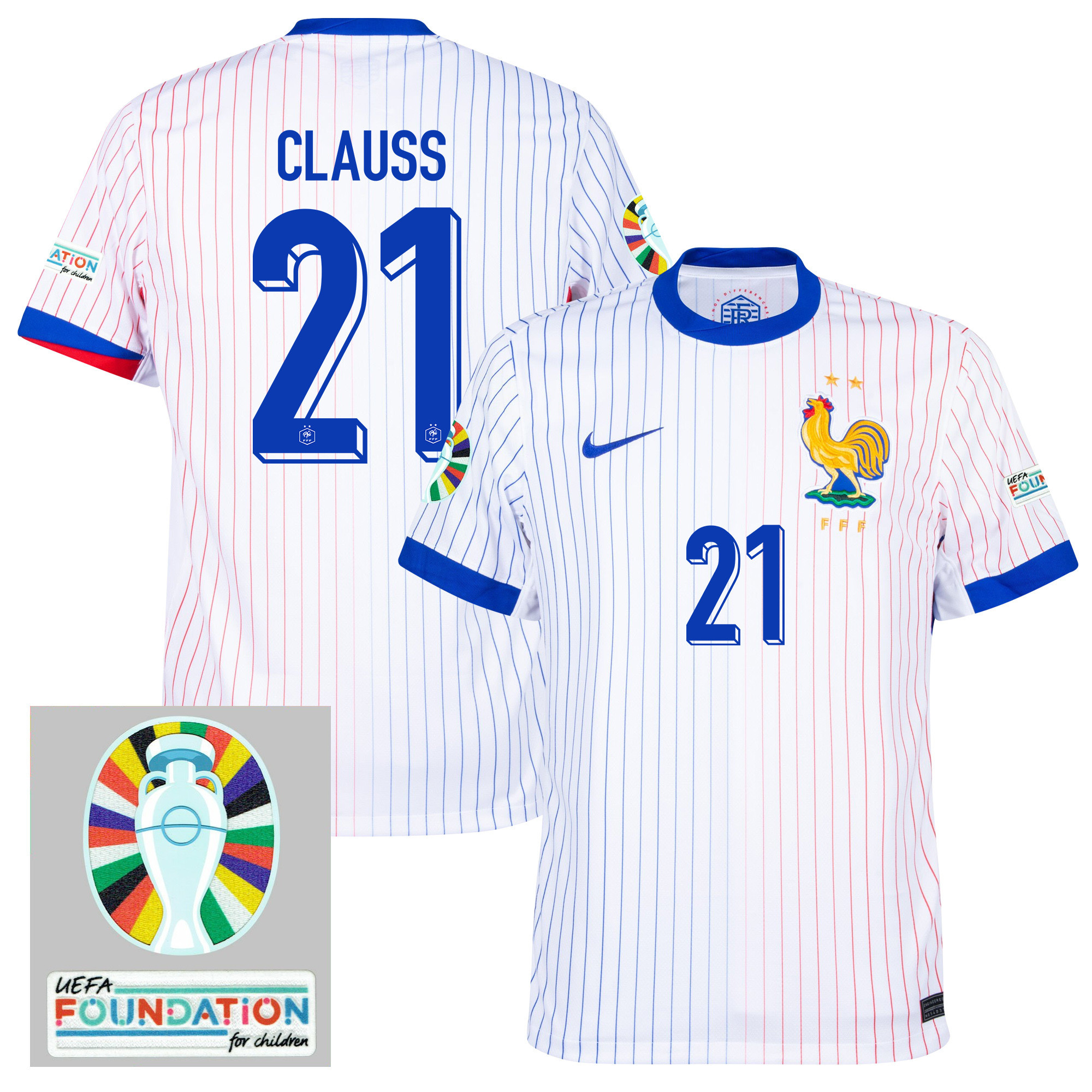 Jonathan Clauss 21 France National Team 2024/25 Away Jersey - Euro UEFA Patch - Men, White