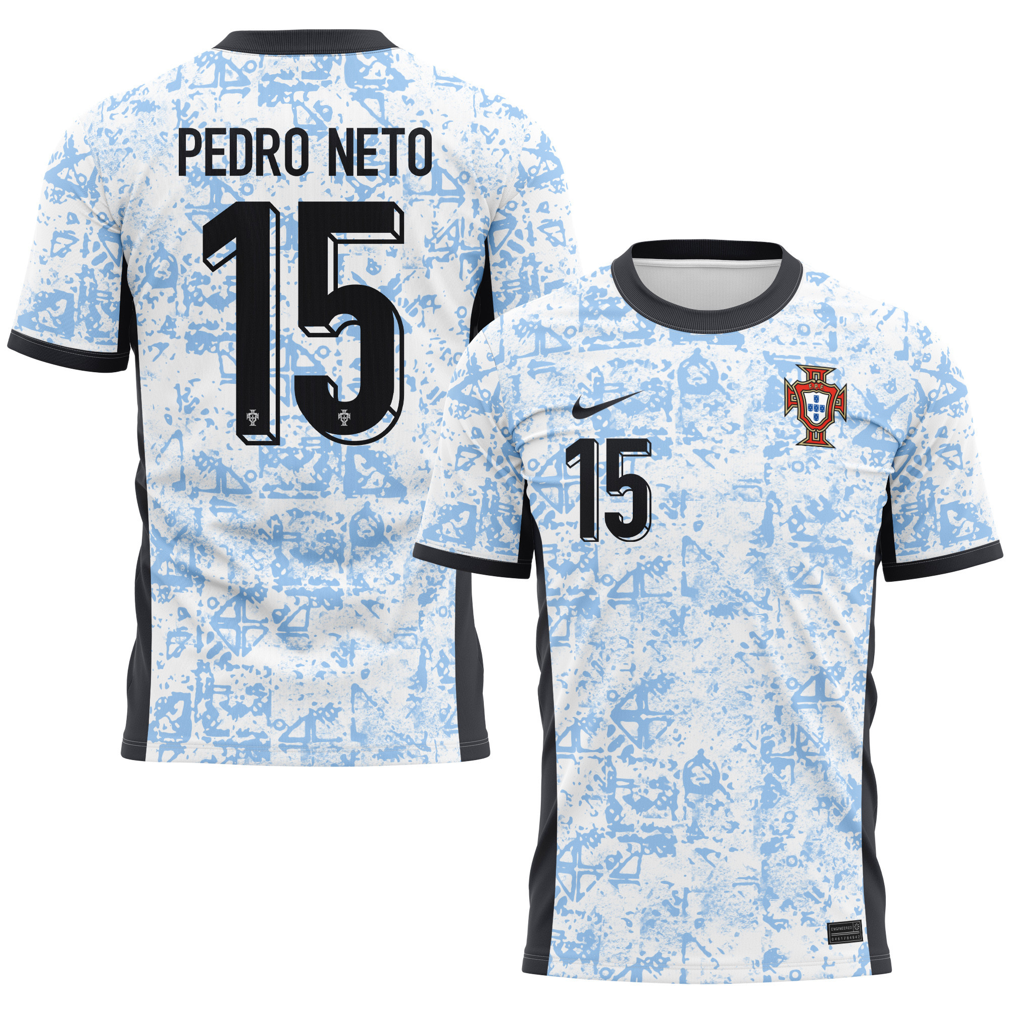 Pedro Neto 15 Portugal National Team 2024/25 Away Kits AOP T-shirt - Cream/Blue