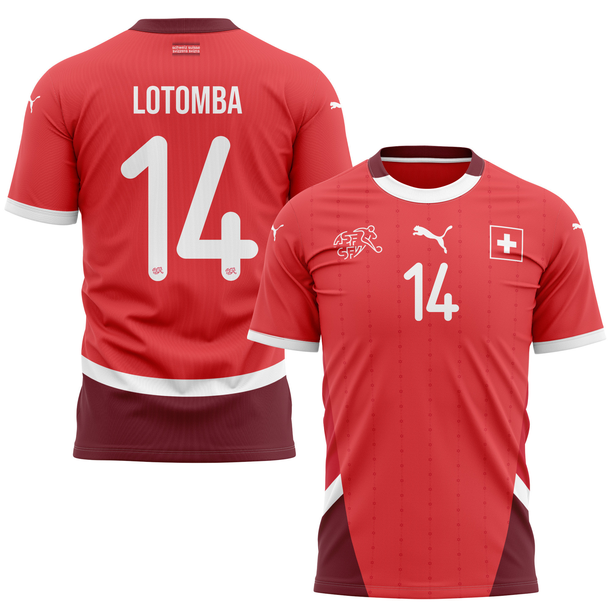 Jordan Lotomba 14 Switzerland National Team 2024/25 Home Kits AOP T-shirt - Red