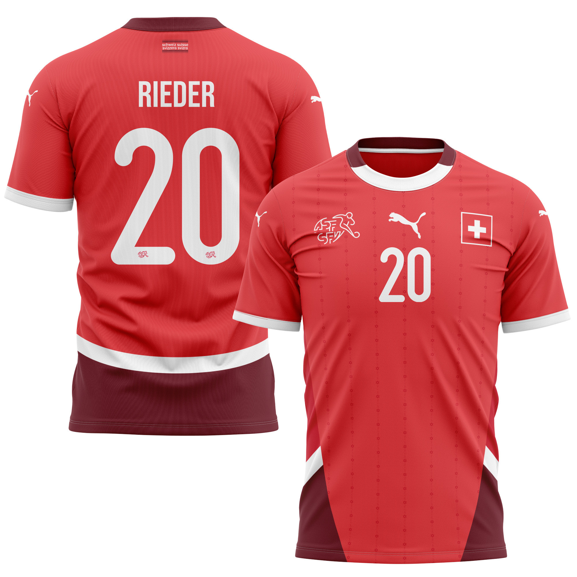 Fabian Rieder 20 Switzerland National Team 2024/25 Home Kits AOP T-shirt - Red
