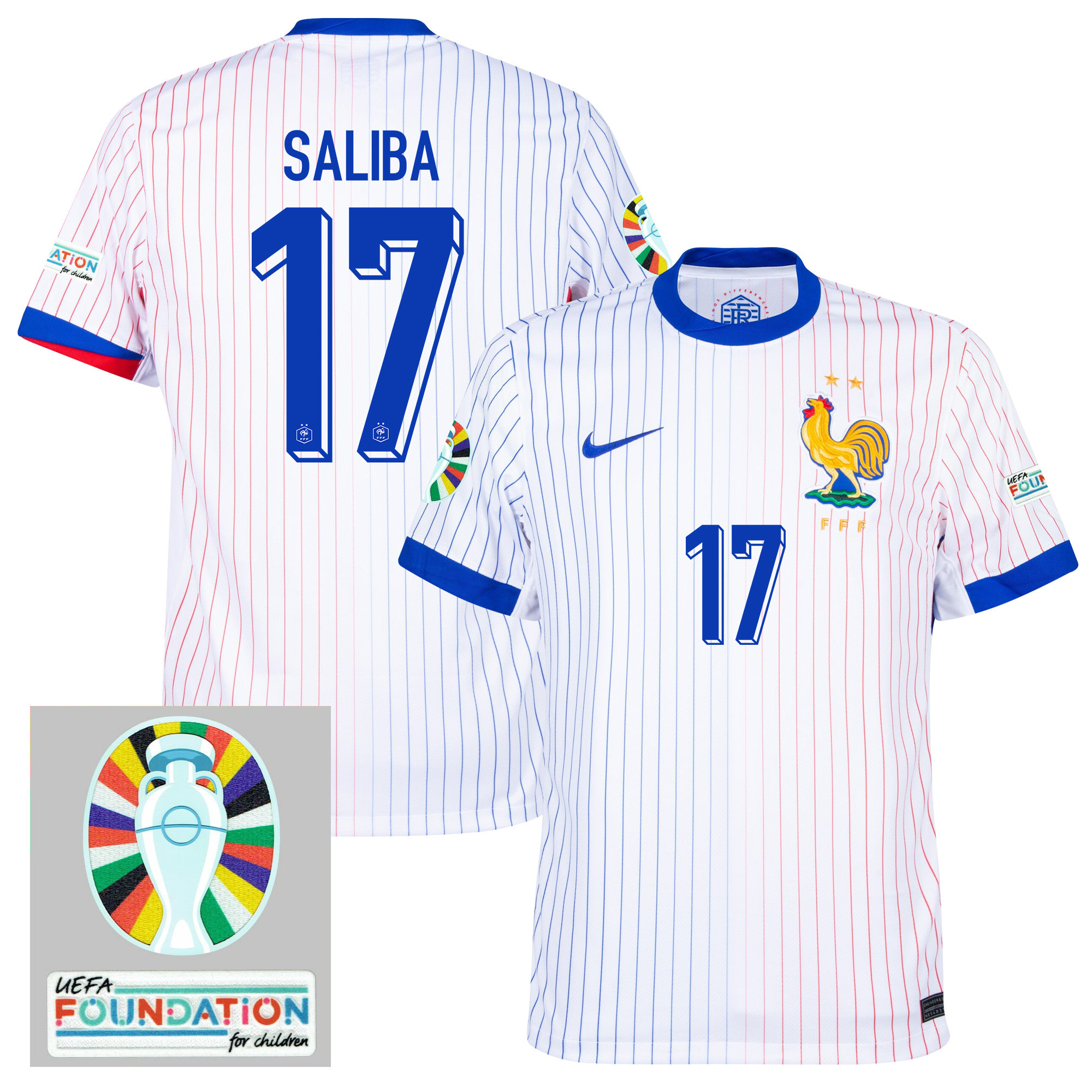 William Saliba 17 France National Team 2024/25 Away Jersey - Euro UEFA Patch - Men, White