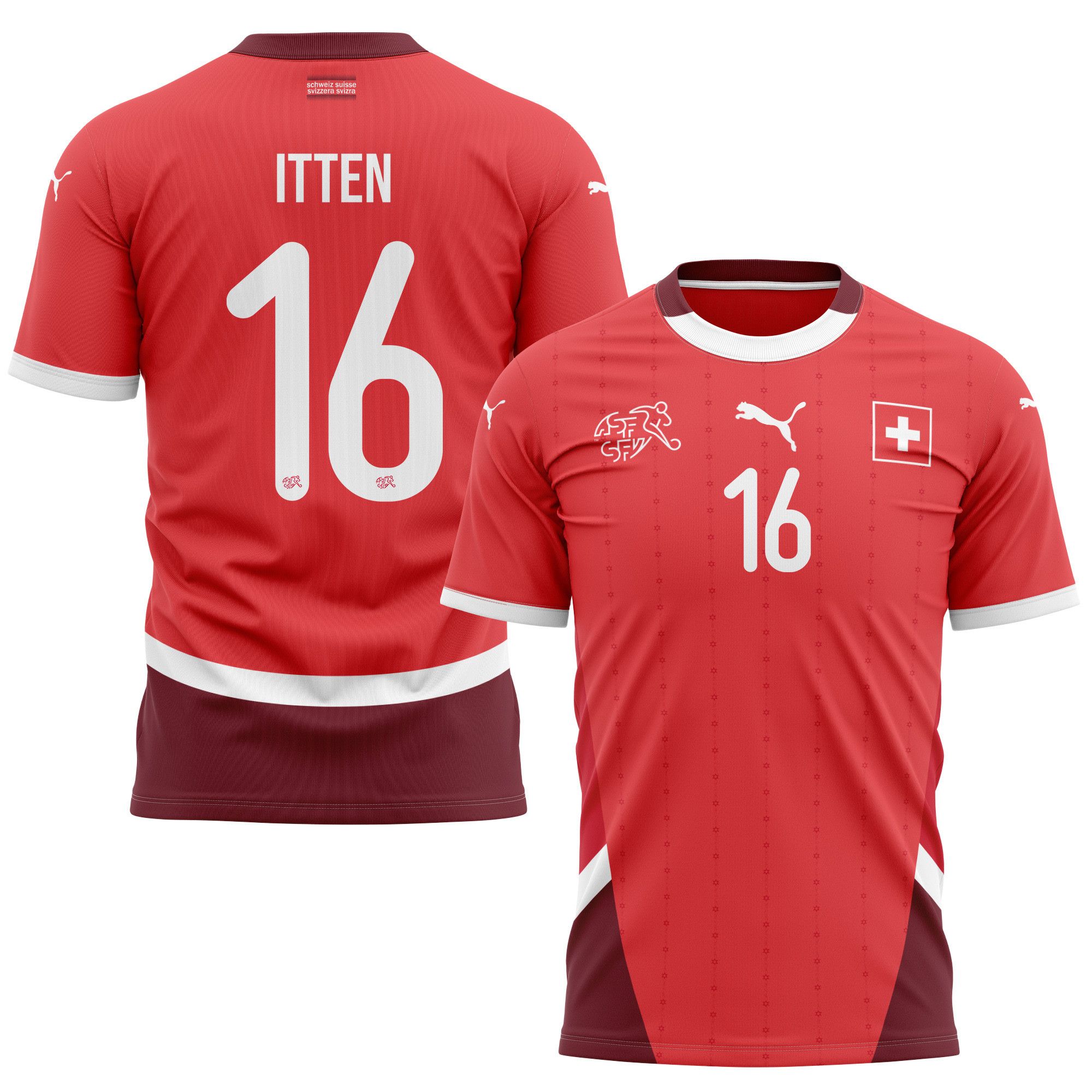 Cédric Itten 16 Switzerland National Team 2024/25 Home Kits AOP T-shirt - Red