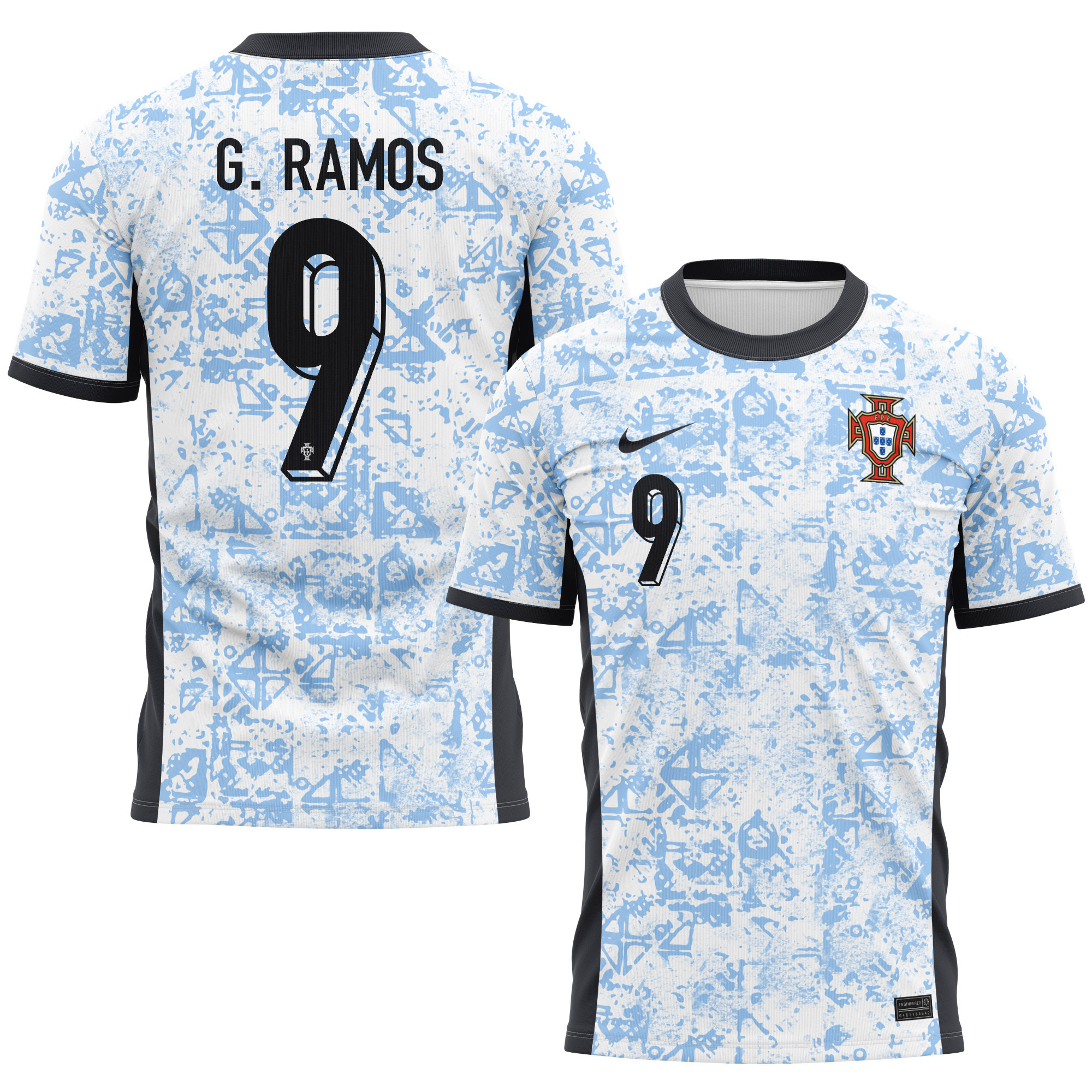 Gonçalo Ramos 9 Portugal National Team 2024/25 Away Kits AOP T-shirt - Cream/Blue