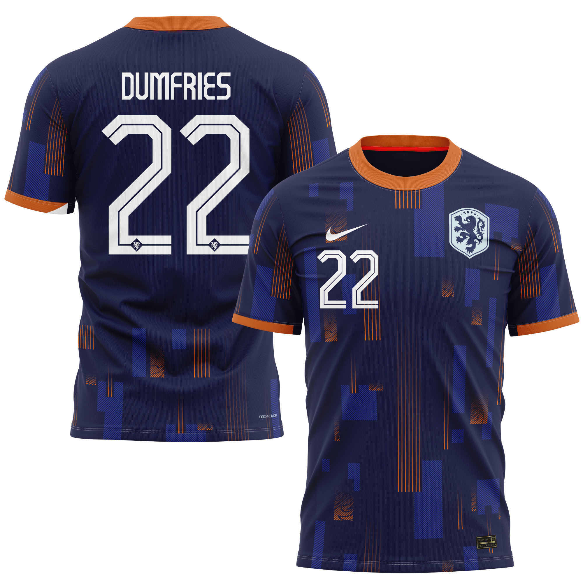 Denzel Dumfries 22 Netherlands National Team 2024 Away Kits AOP T-shirt - Navy