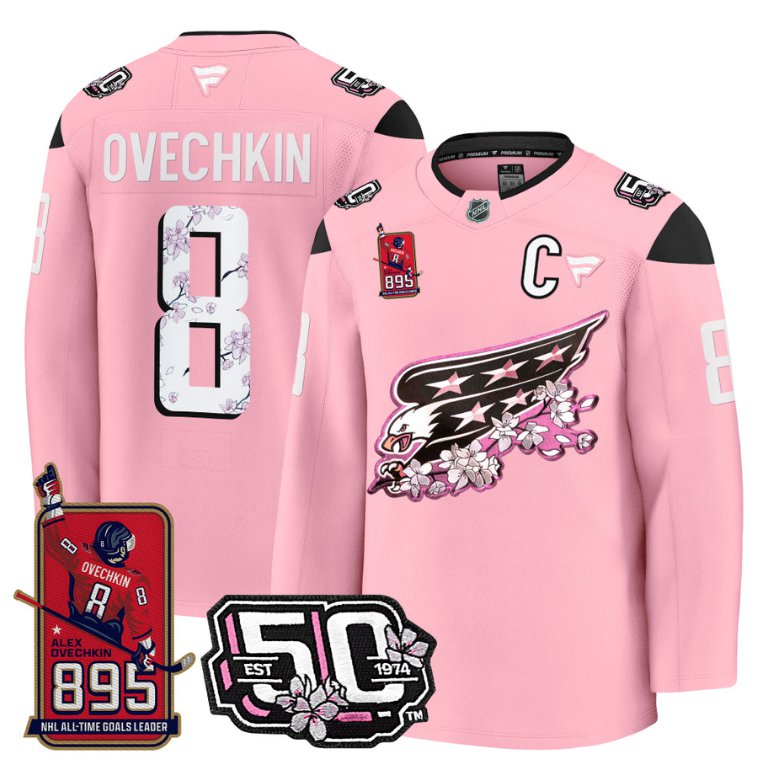 Ovechkin Jersey #8 Washington Capitals All-Time Leading Goals Leader Patch Cherry Blossom