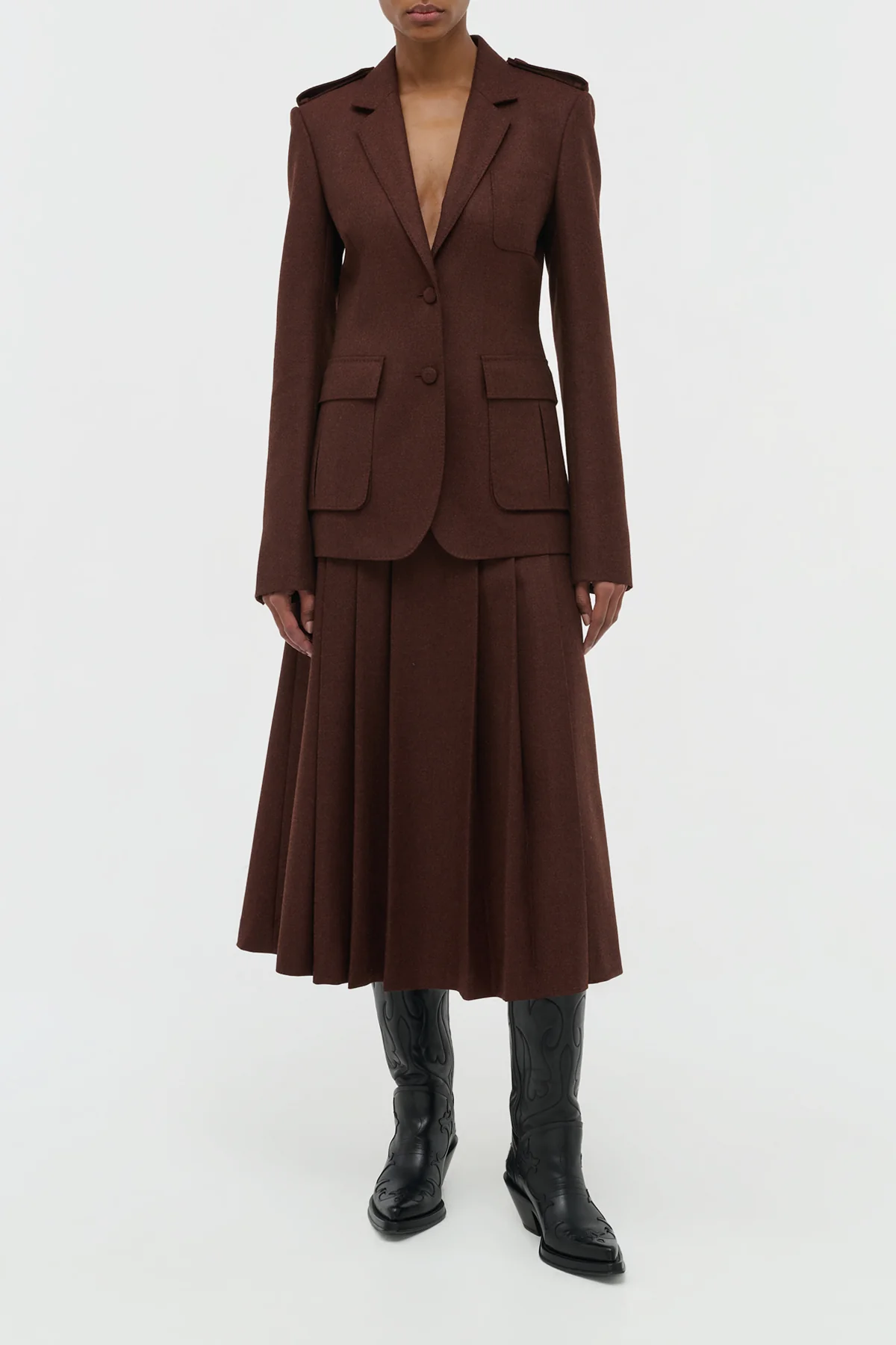 Wesley Pleated Midi Skirt in Burnt Sienna Wool Cashmere Flannel