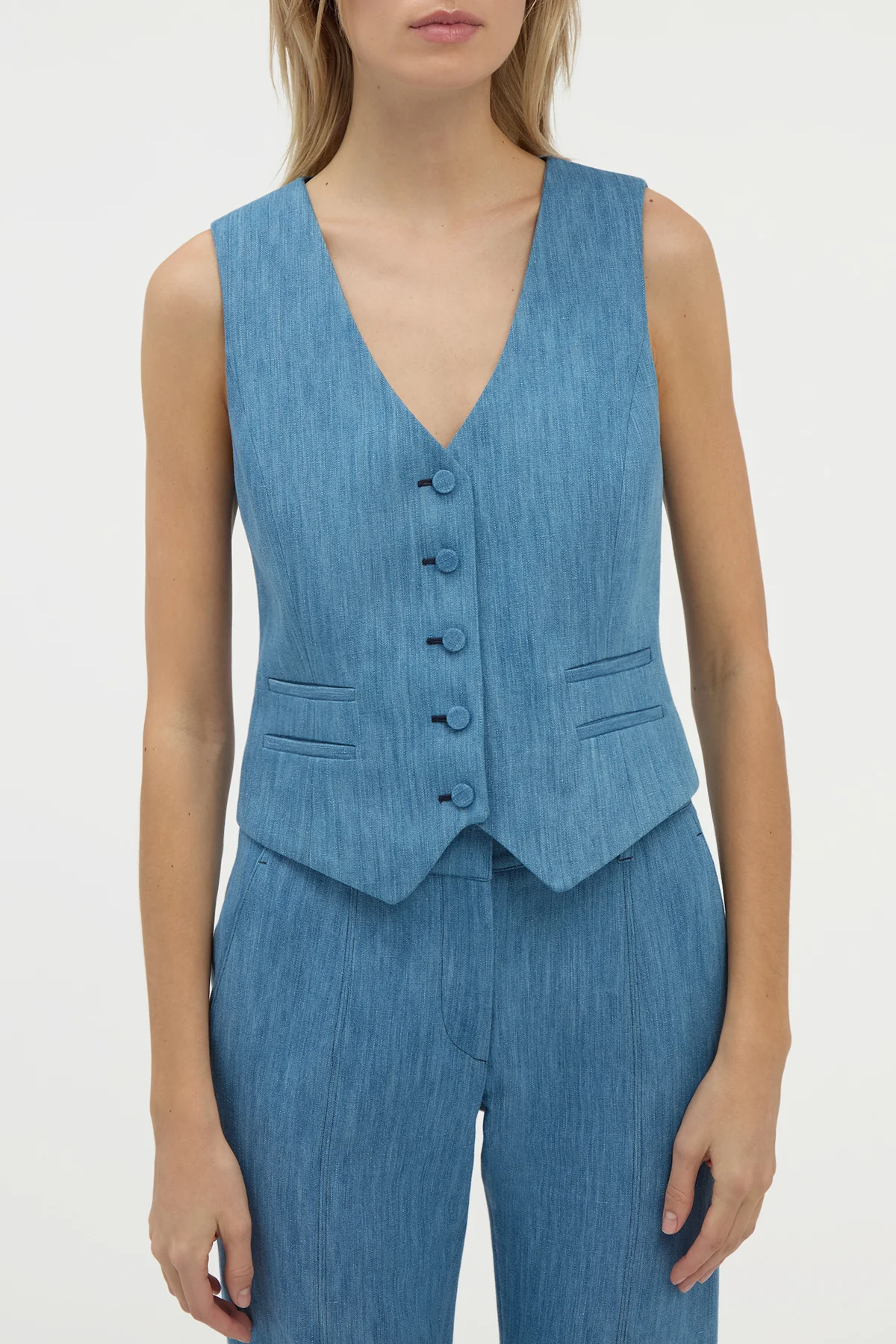 Coleridge Vest in Medium Blue Recycled Cotton Linen Denim