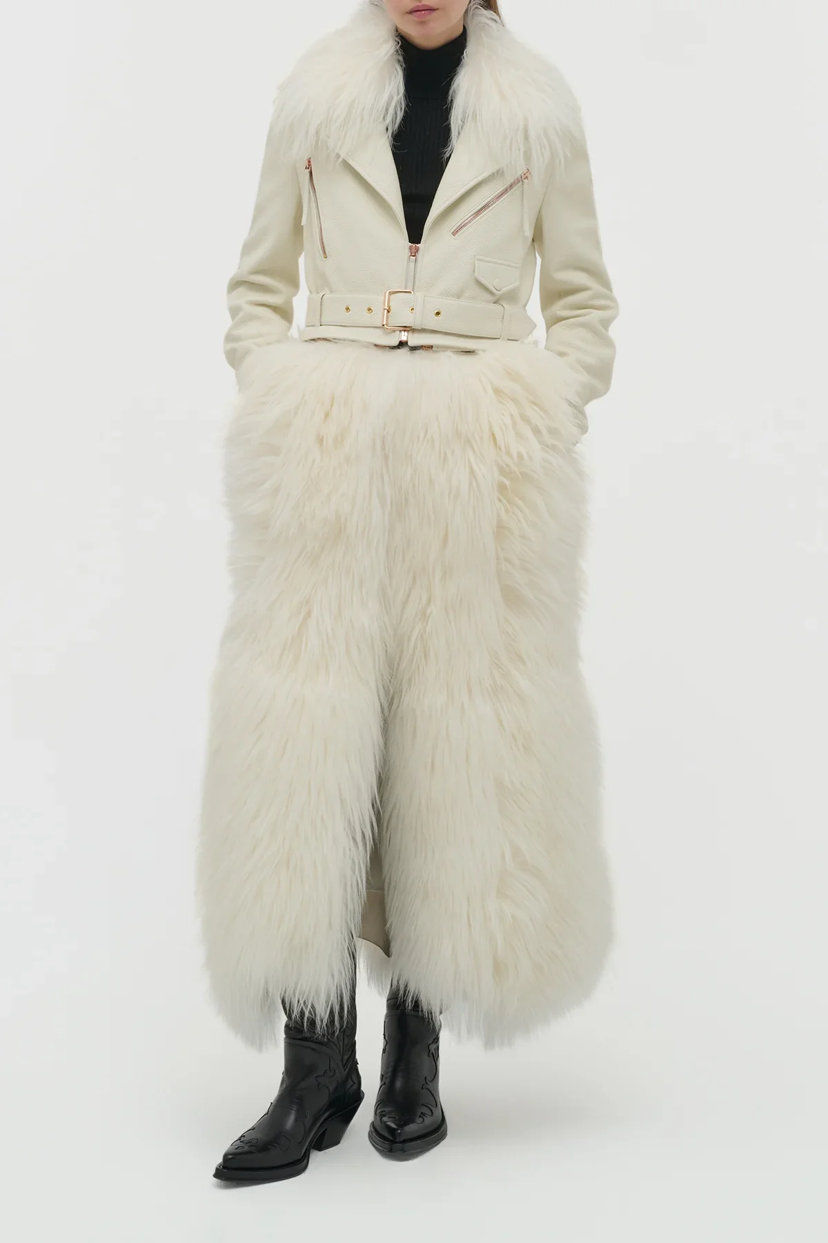 Brymwylf Convertible Coat in White Textured Leather & Cashmere Shearling