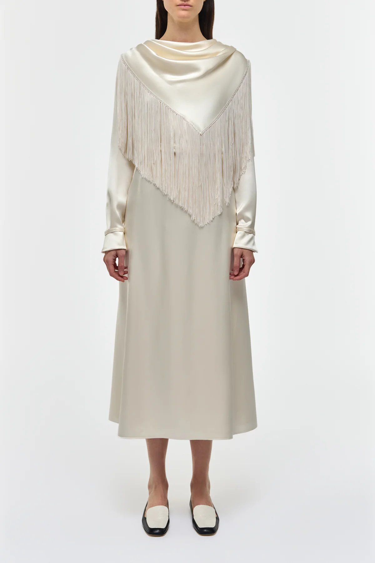 Rouge Fringe Scarf Dress in Ivory Silk Satin
