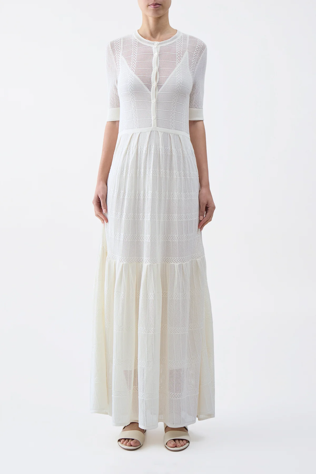 Iris Pointelle Knit Pleated Maxi Dress with Slip in Ivory Cotton Silk