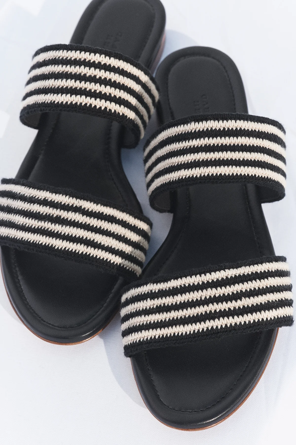 Lora Flat Sandal in Black & White Nappa Leather Crochet
