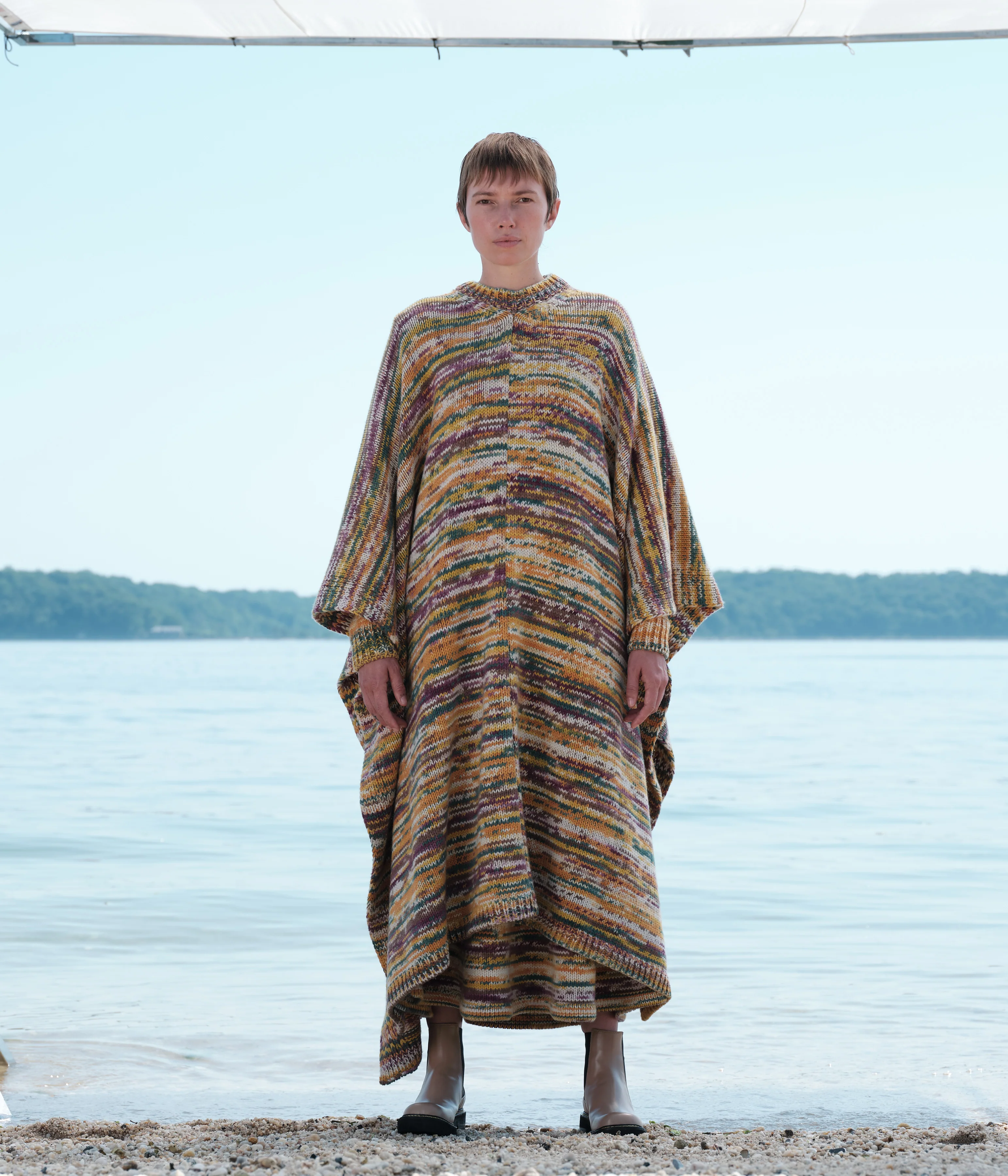 Lopez Knit Poncho in Petrol Multi Cashmere