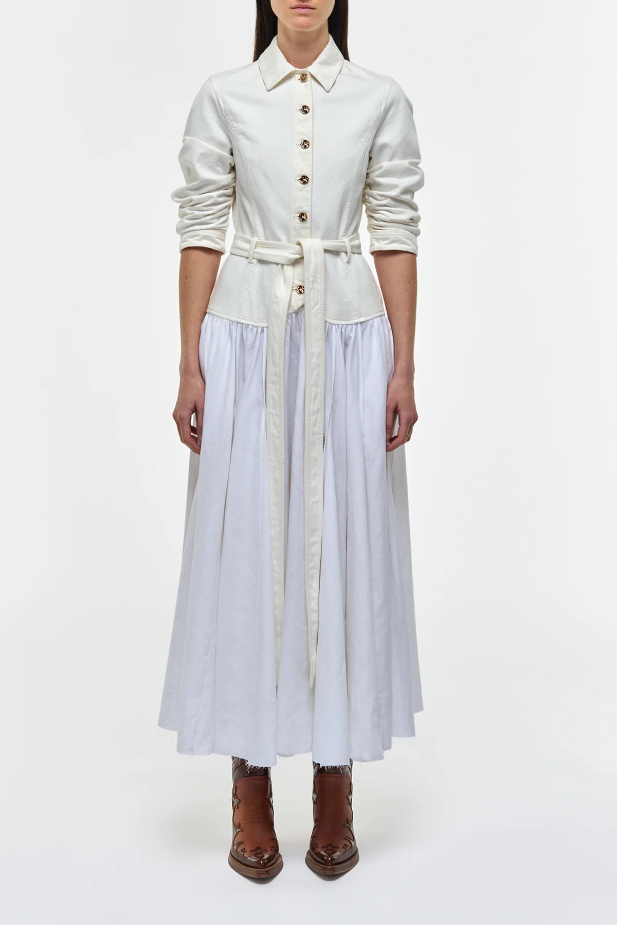 Delyth Shirtdress in White Recycled Cotton Denim & Linen