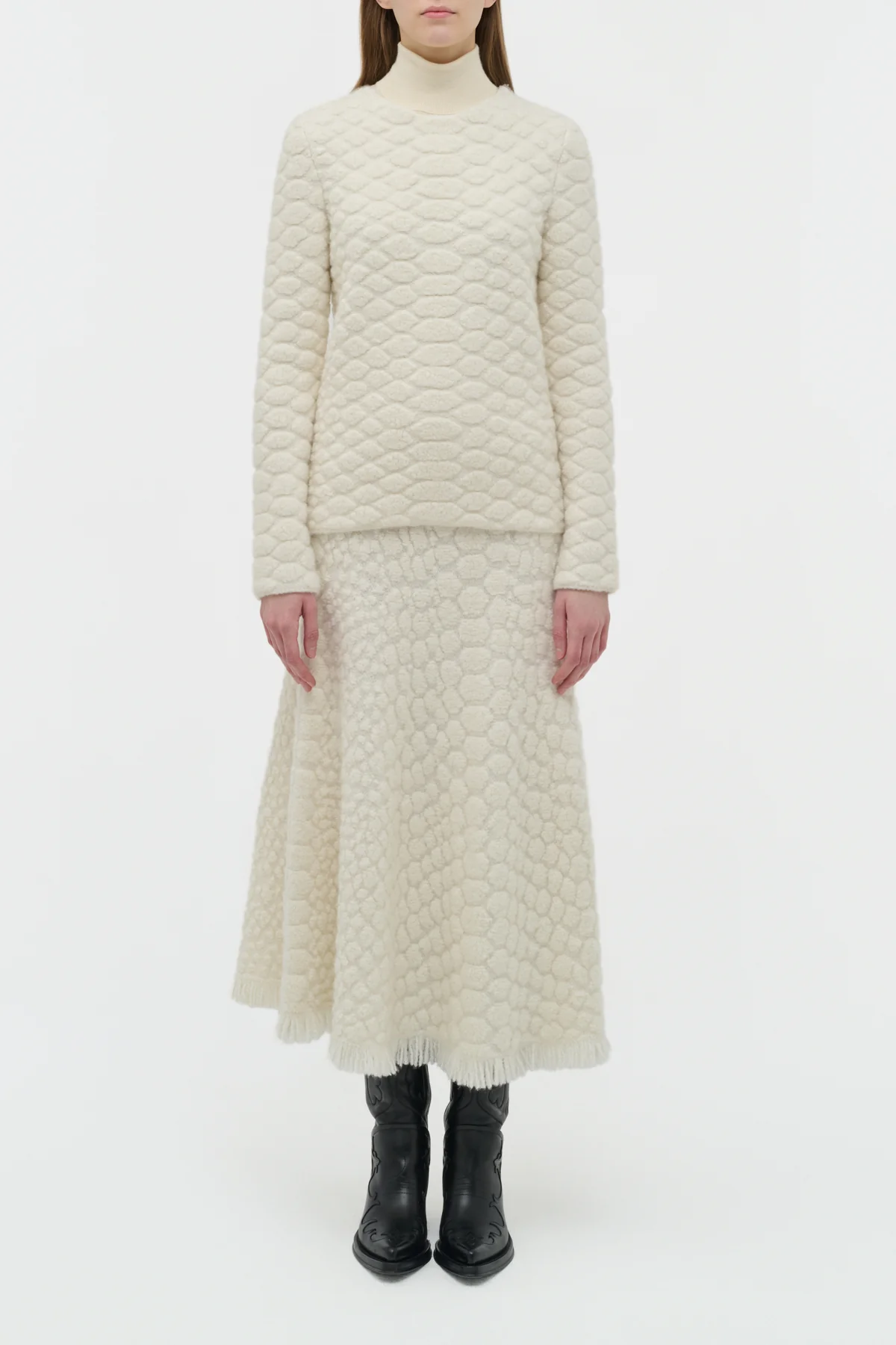 Kanta Fringe Knit Midi Skirt in Ivory Cashmere