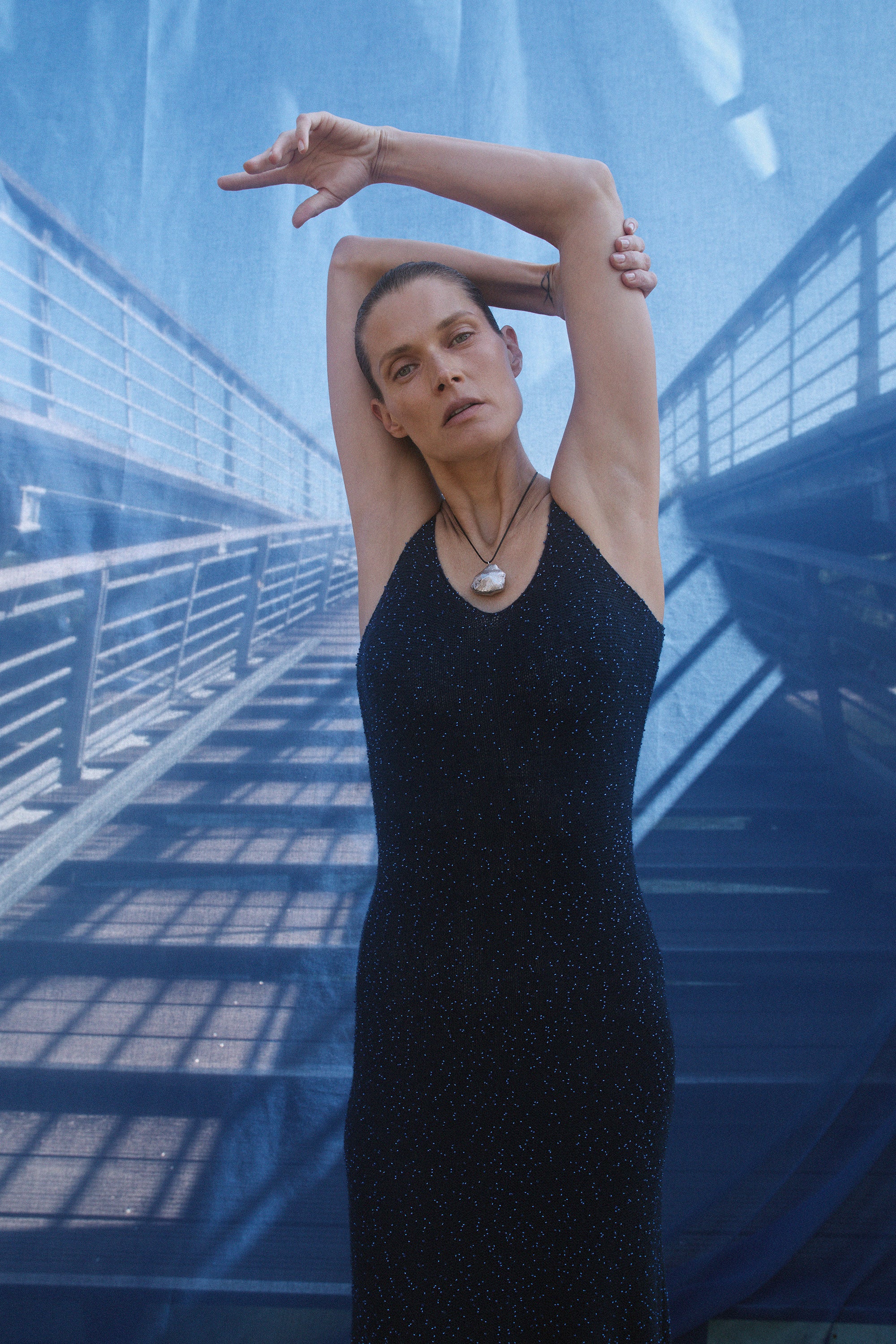 Florian Knit Maxi Slip Dress in Electric Navy Beaded Cashmere Silk