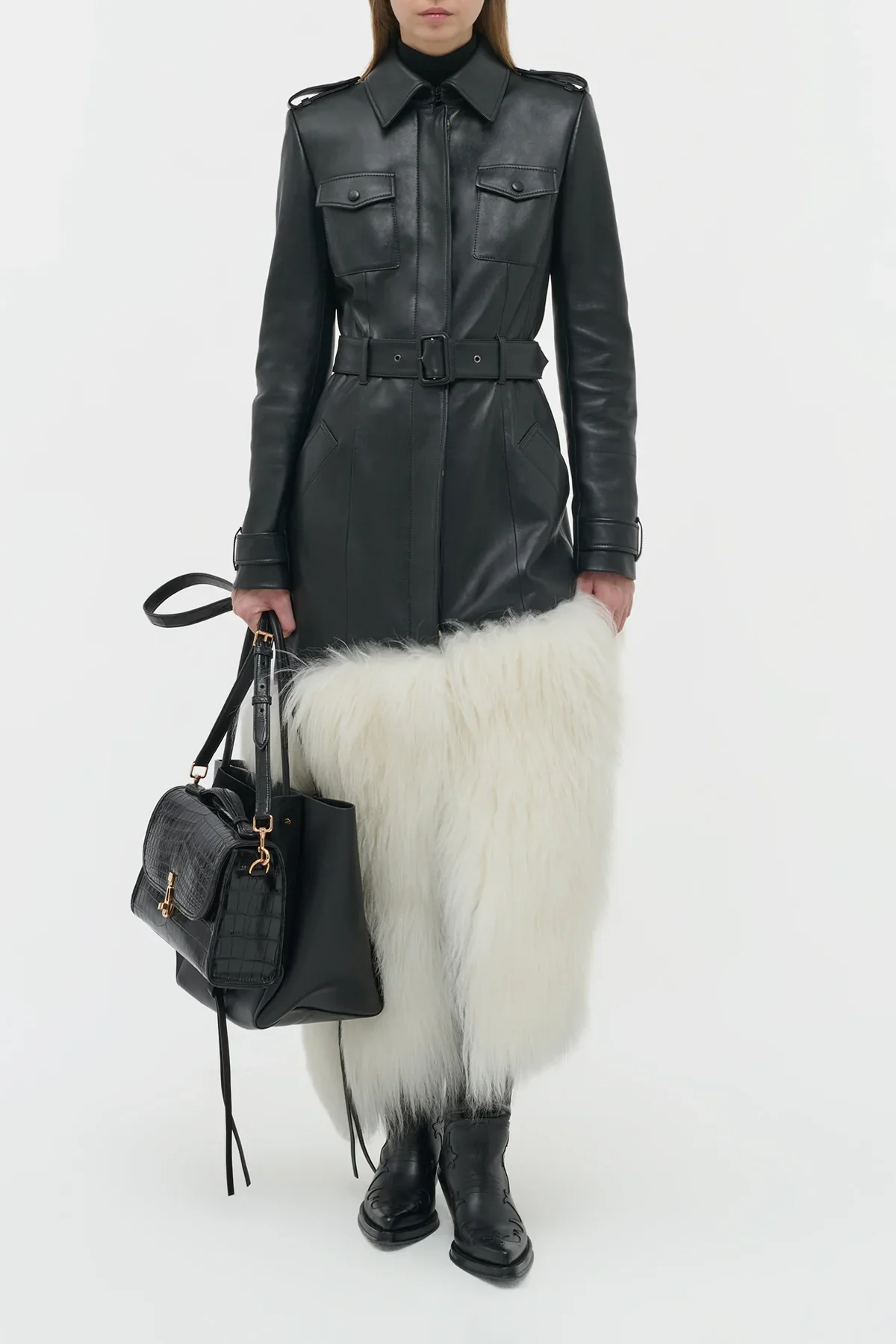 Isak Trench Coat in Black Soft Leather & Ivory Cashmere Shearling