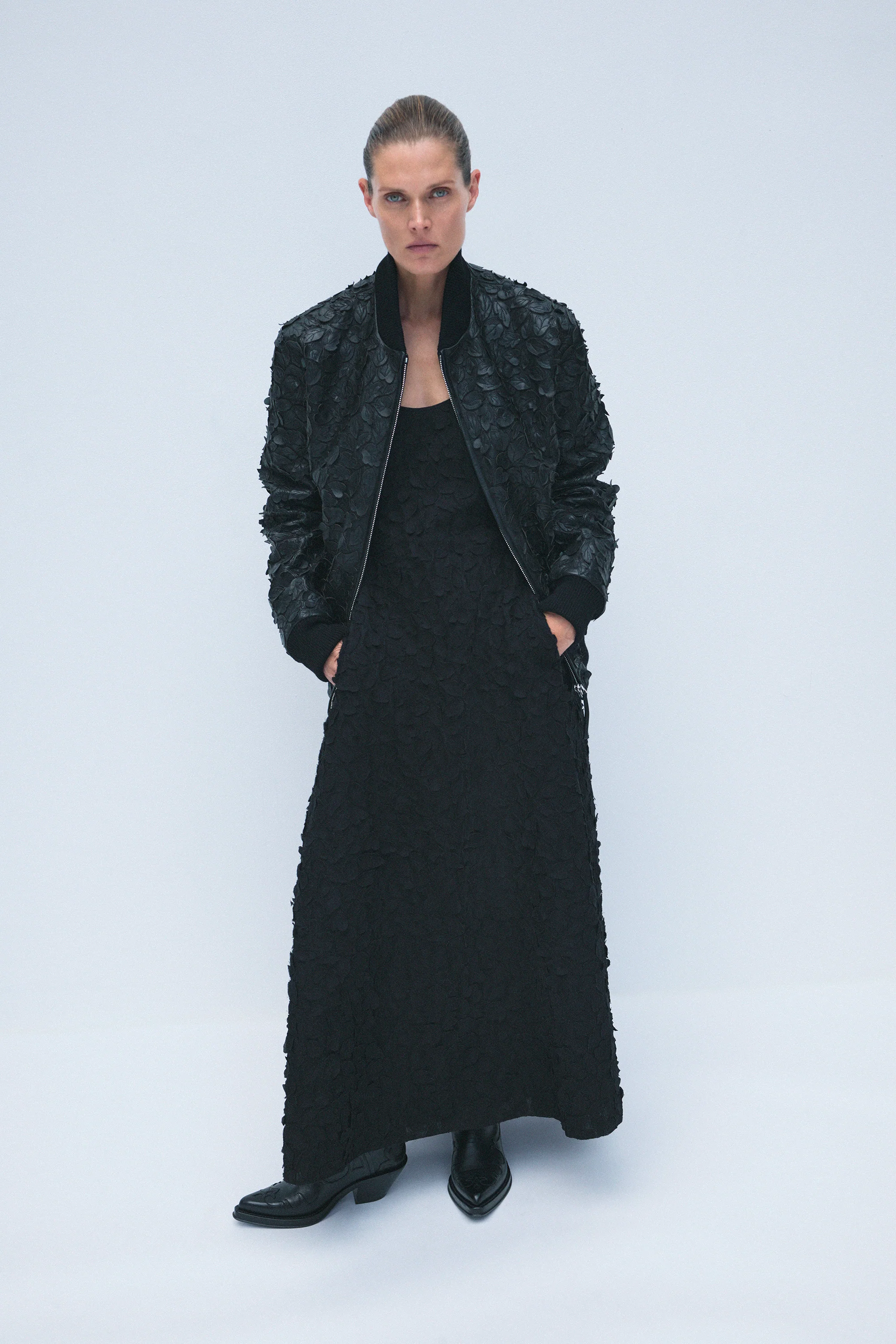 Winslow Embroidered Leaves Bomber in Black Nappa Leather