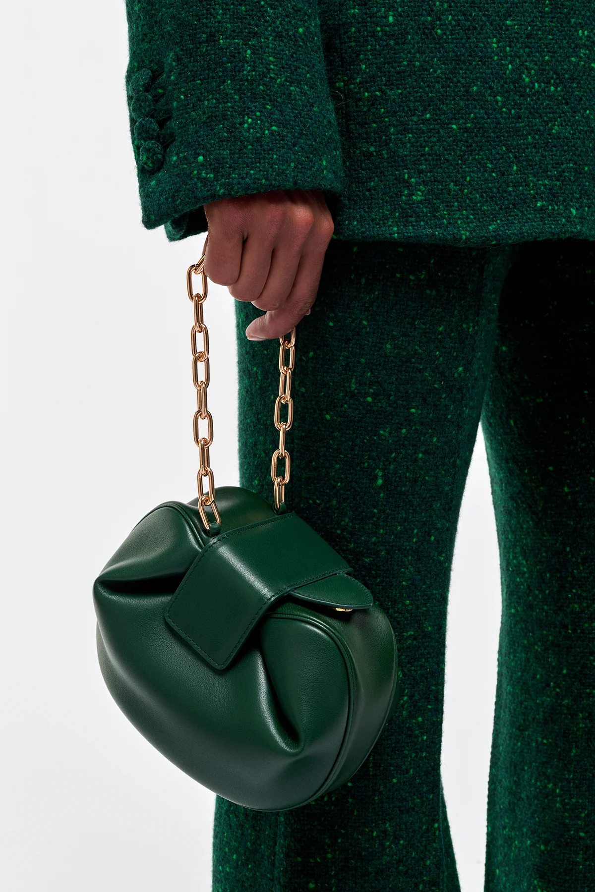 Soft Demi Clutch with Chain in English Green & Fluorescent Green Nappa Leather