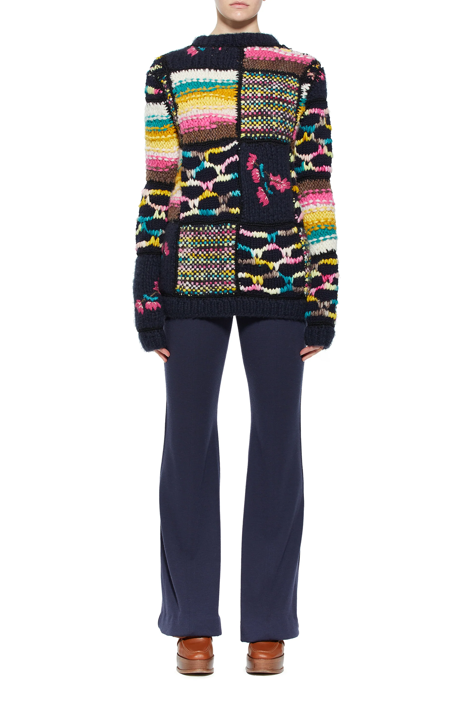 Lawrence Patchwork Knit Sweater in Dark Navy Multi Welfat Cashmere