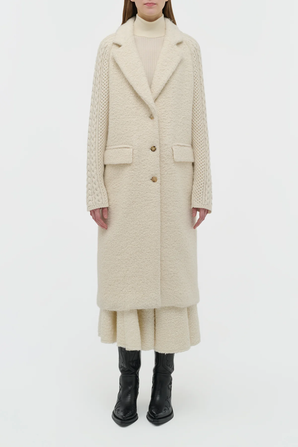 Charles Coat in Ivory Recycled Cashmere Boucle with Cable-knit Sleeves