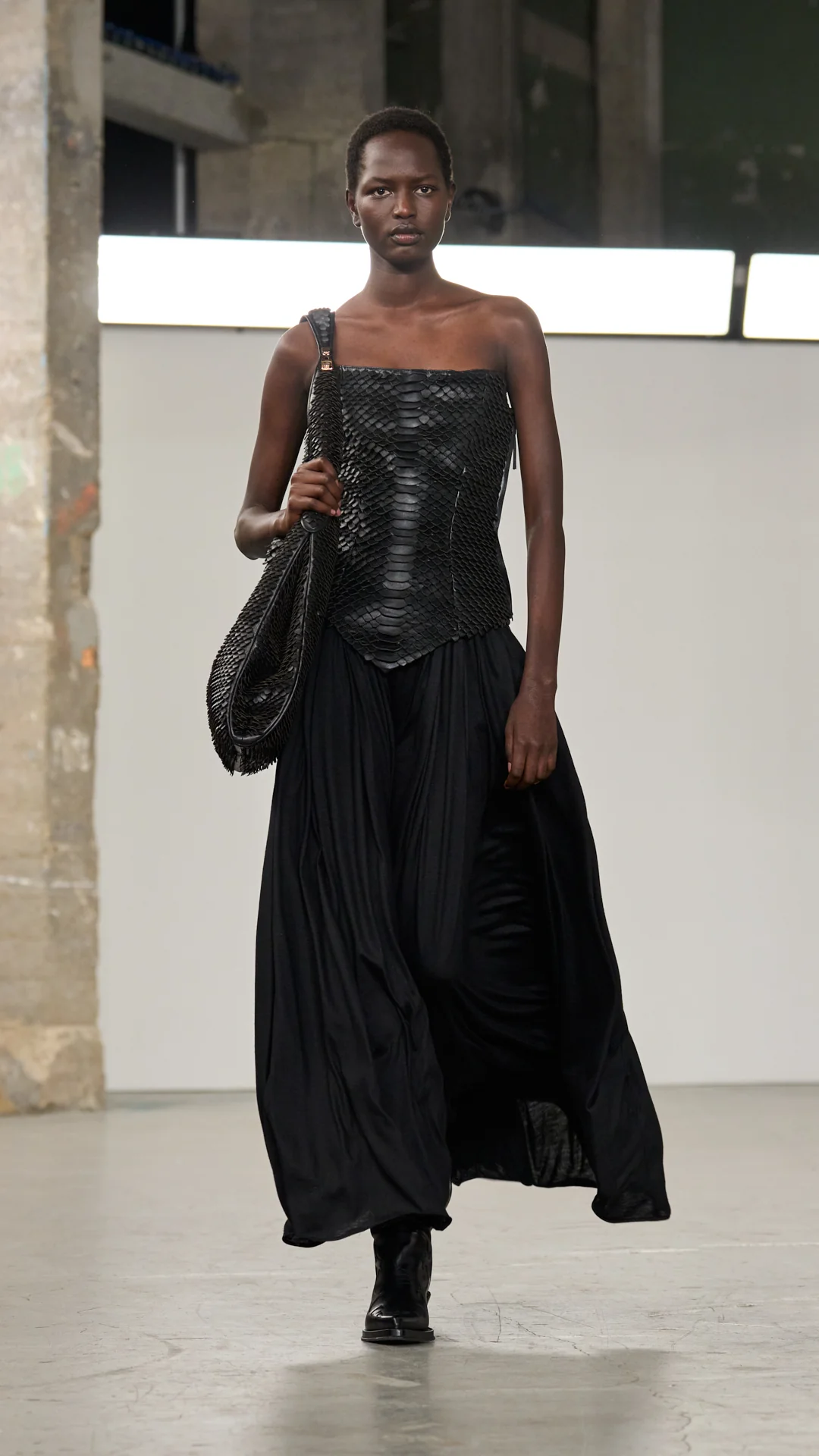Estrid Strapless Dress in Black Leather Snake Scales
