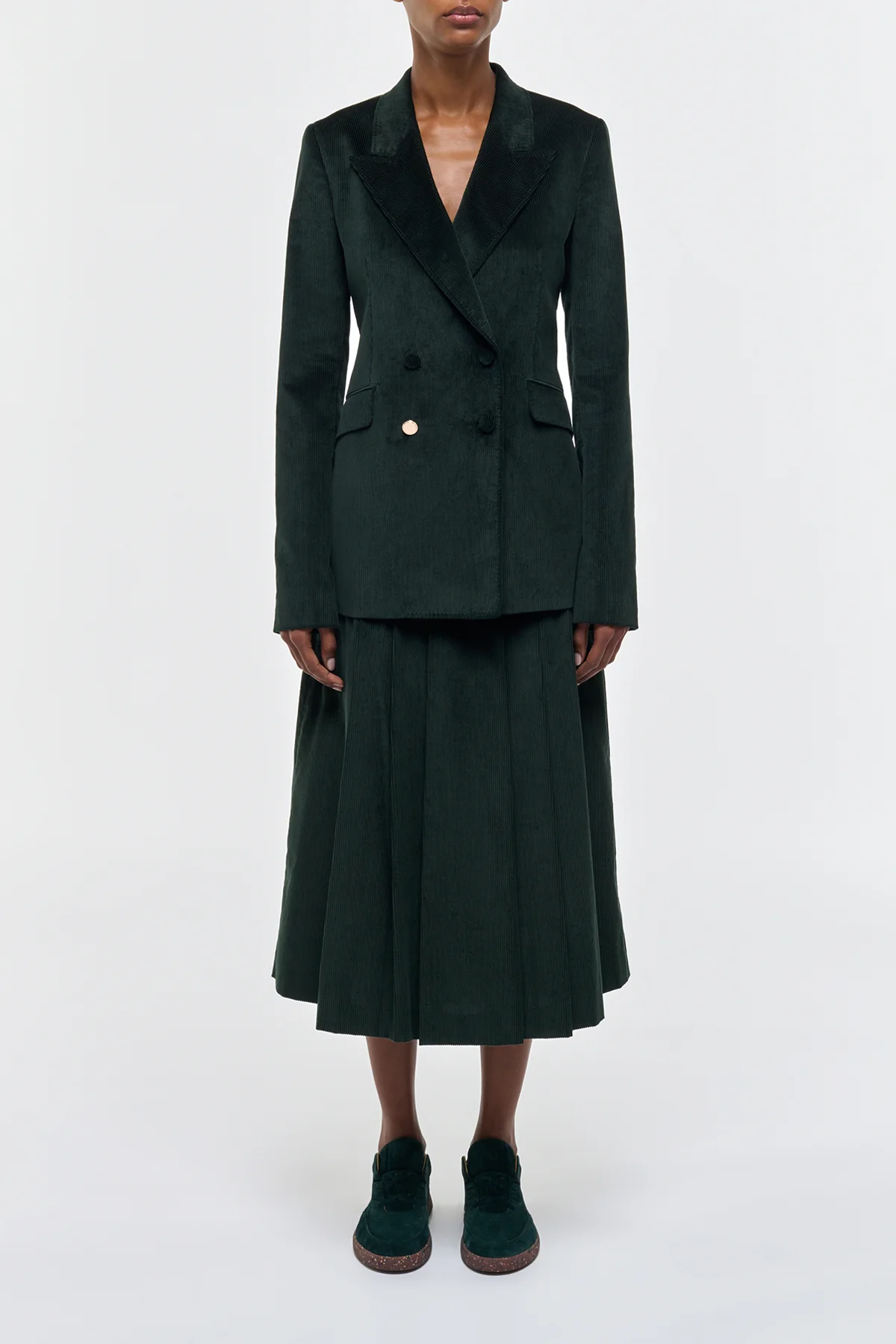 Wesley Pleated Midi Skirt in English Green Sea Island Cotton Corduroy