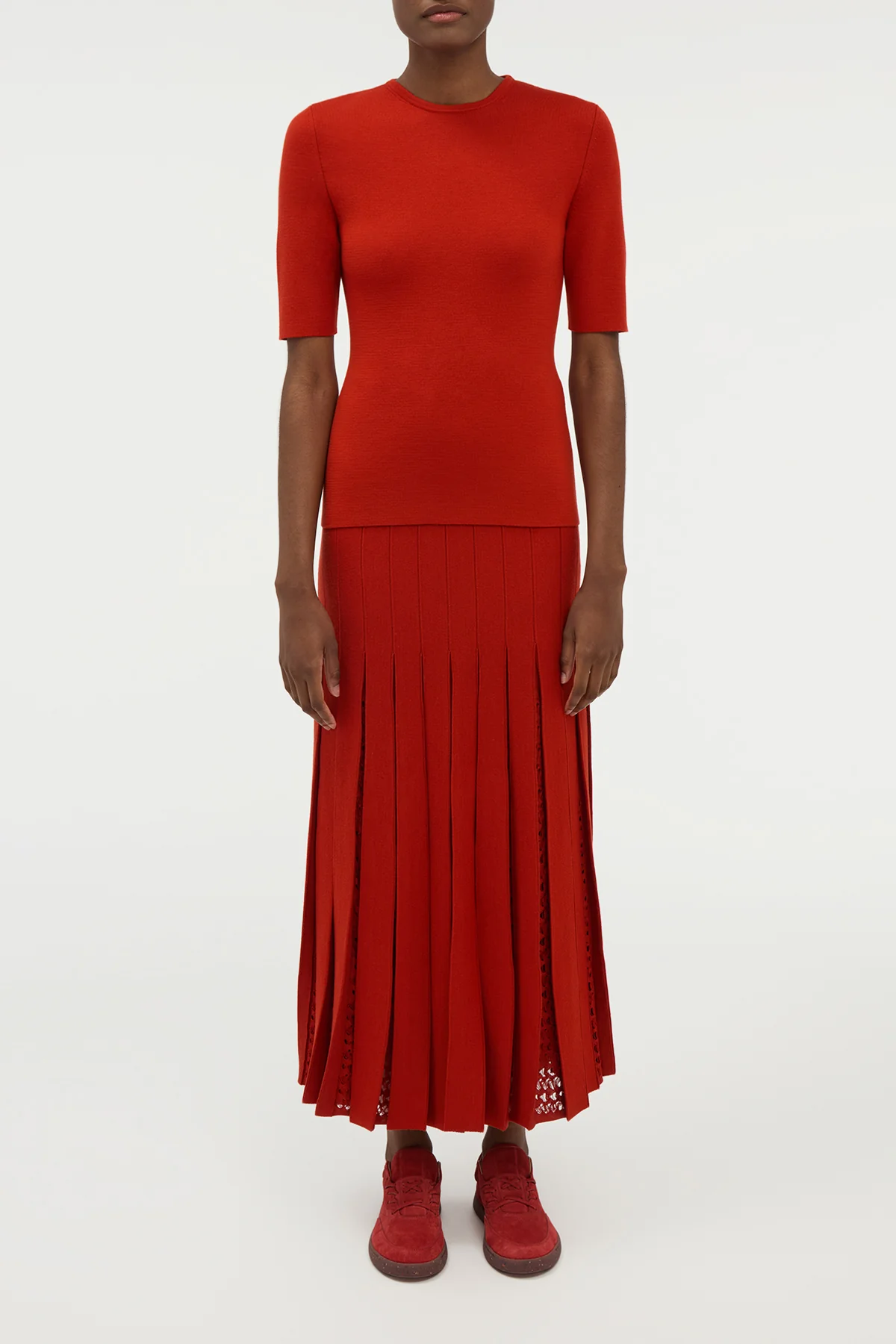 Debutante Knit Pleated Maxi Skirt in Antelope Orange Merino Wool