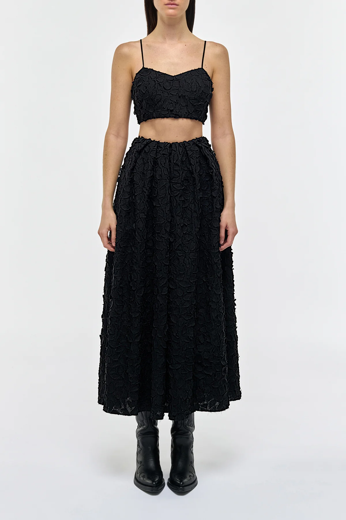 Priya Embroidered Leaves Top in Black Linen