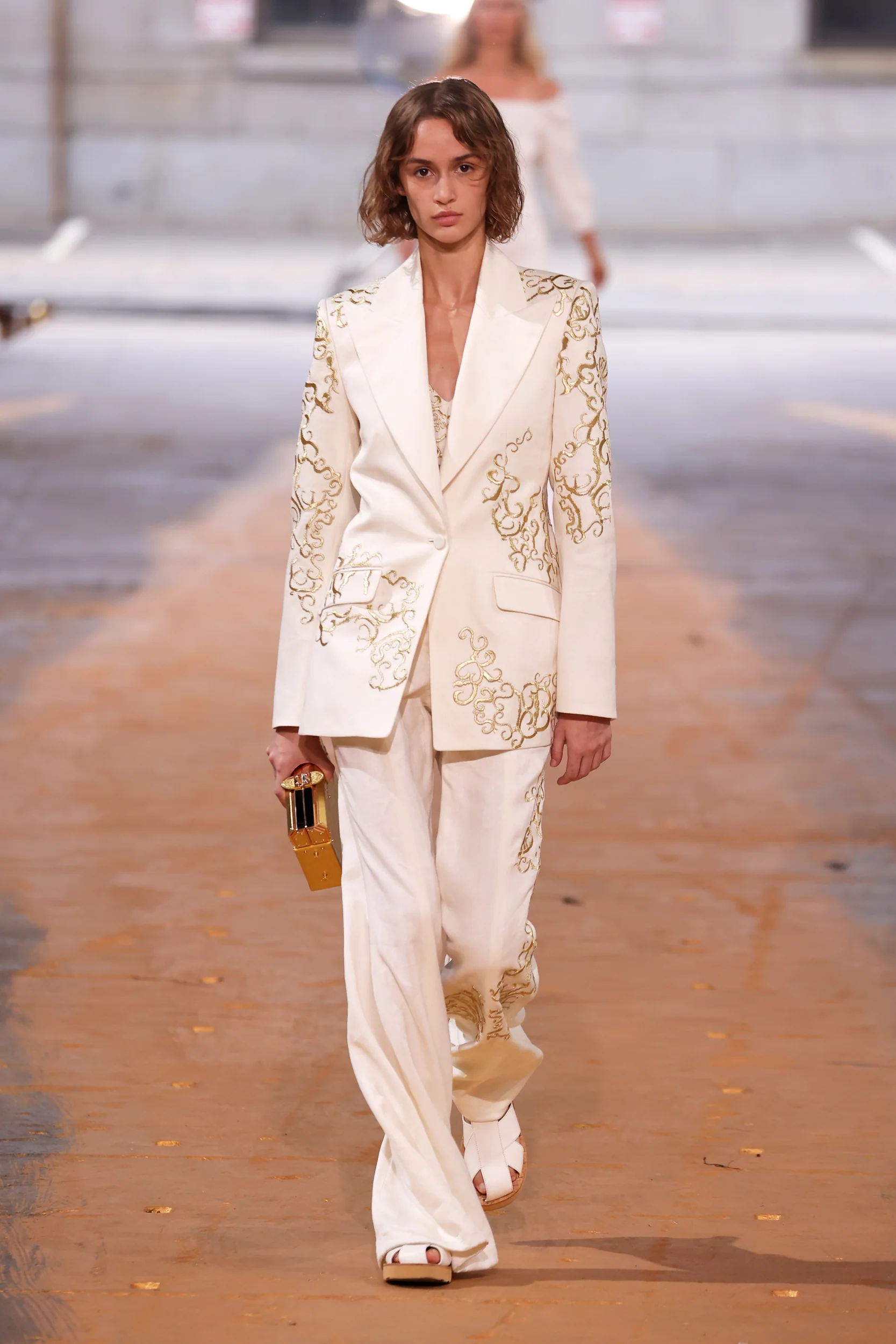 Rhein Embroidered Pant in Ivory Textured Linen