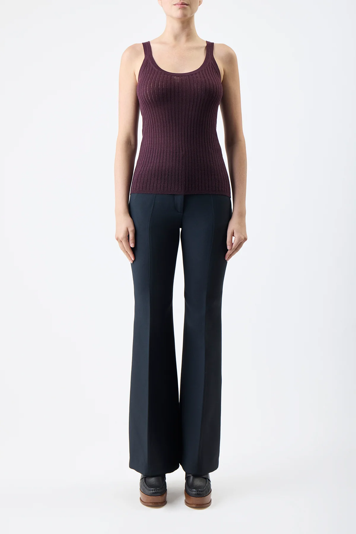 Nevin Pointelle Knit Tank Top in Deep Bordeaux Cashmere Silk