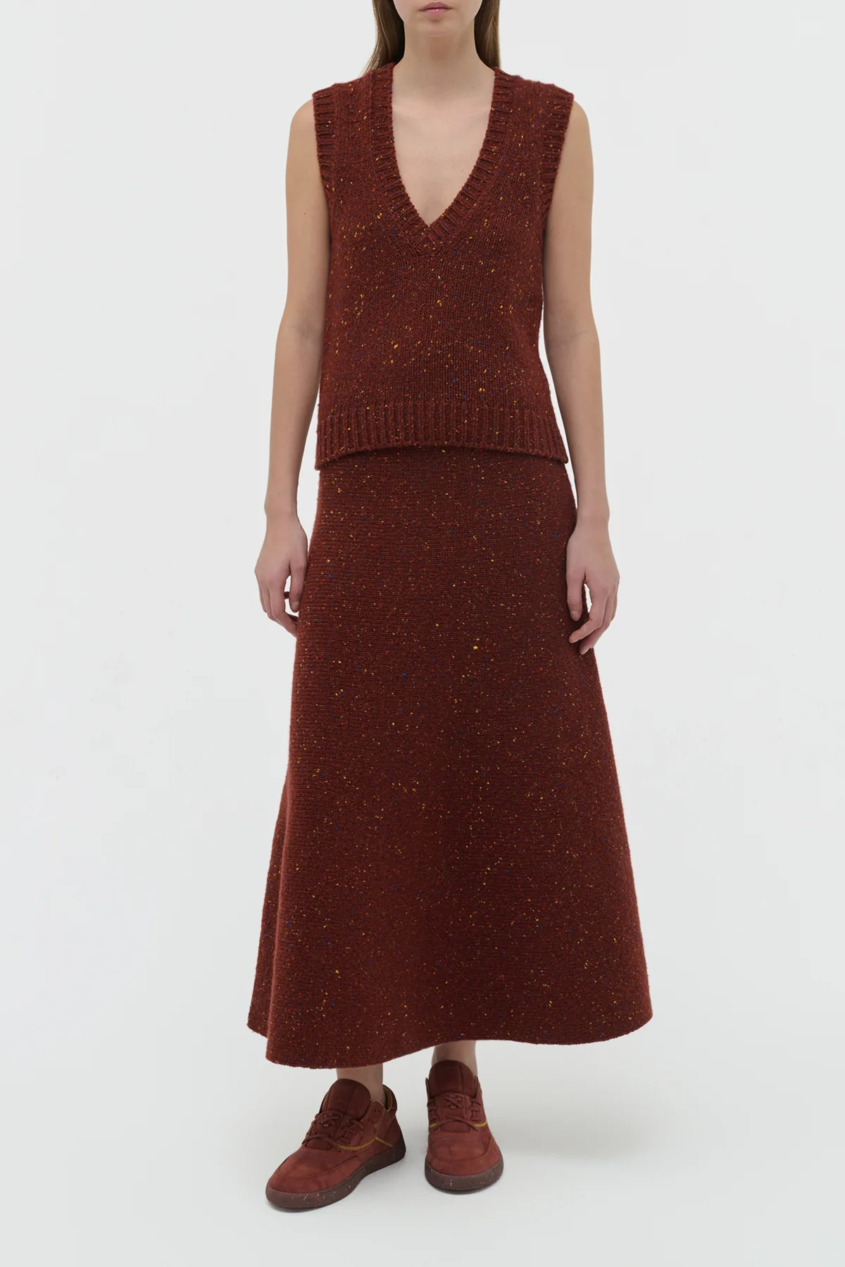 Eden Knit Midi Skirt in Burnt Sienna Multi Speckled Aran Cashmere